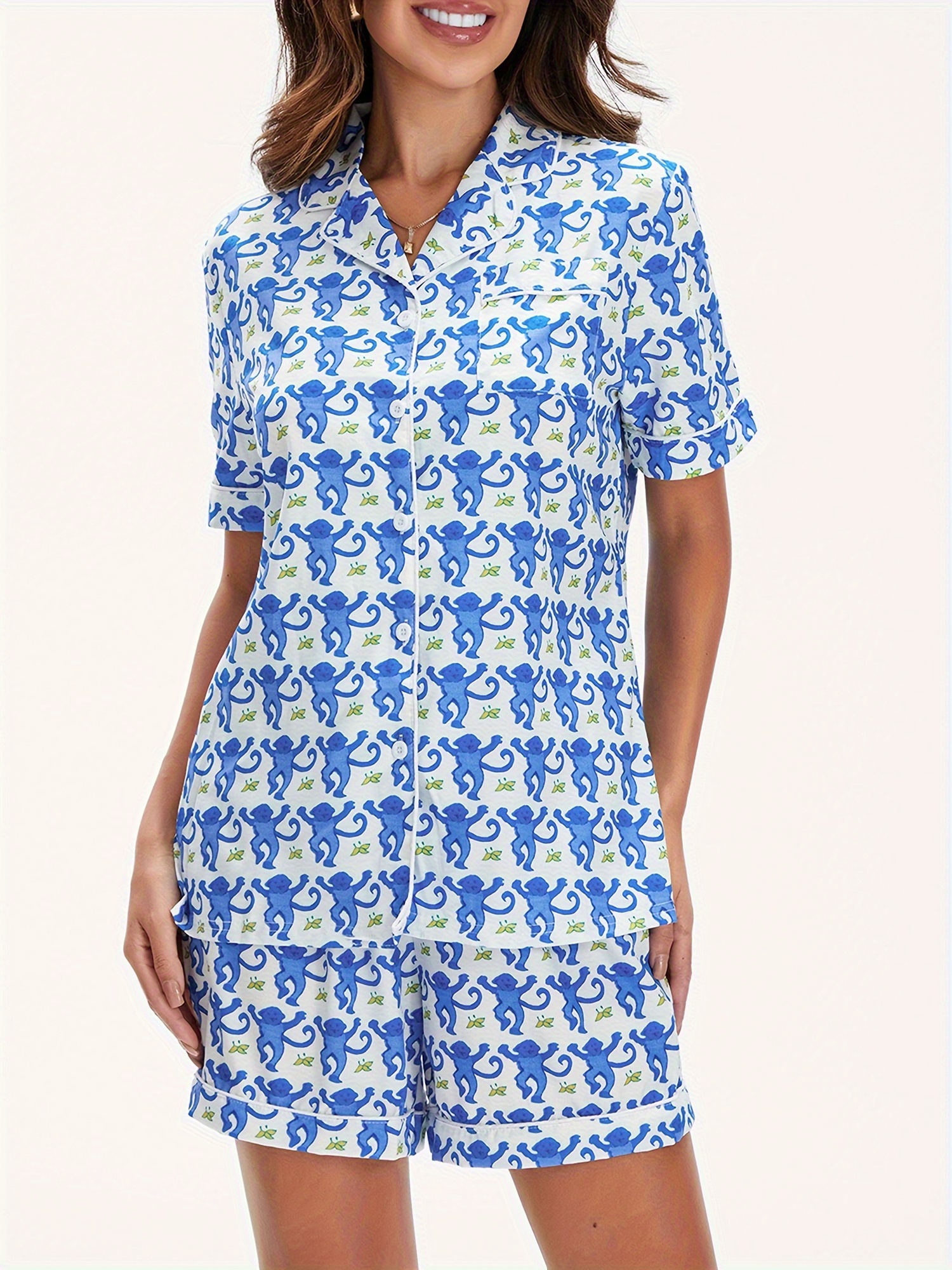Women's Casual Pajama Set - Cartoon Monkey Print Short Sleeve Lapel Button-Down Top With Elastic Waist Shorts