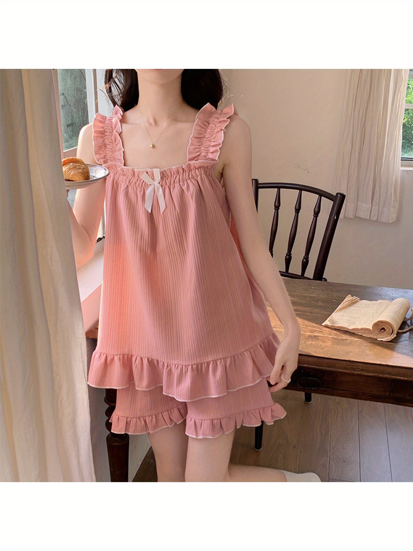 Padded Pajamas Women's Summer Knitted Cotton Sexy Sling Vest Two-Piece Summer Women's Princess Style Home Wear 2 PCS