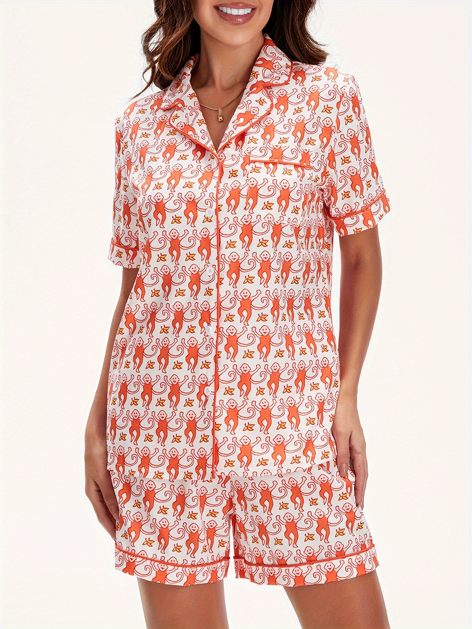 Women's Casual Pajama Set - Cartoon Monkey Print Short Sleeve Lapel Button-Down Top With Elastic Waist Shorts