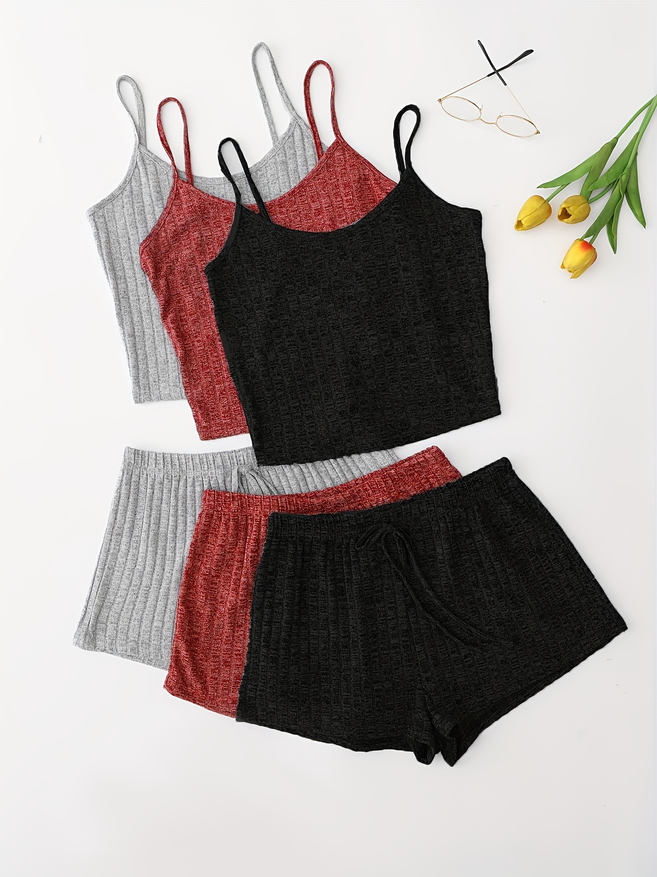 3 Sets Solid Pajama Set, Round Neck Cami Top & Lace-up Shorts, Women's Sleepwear & Loungewear