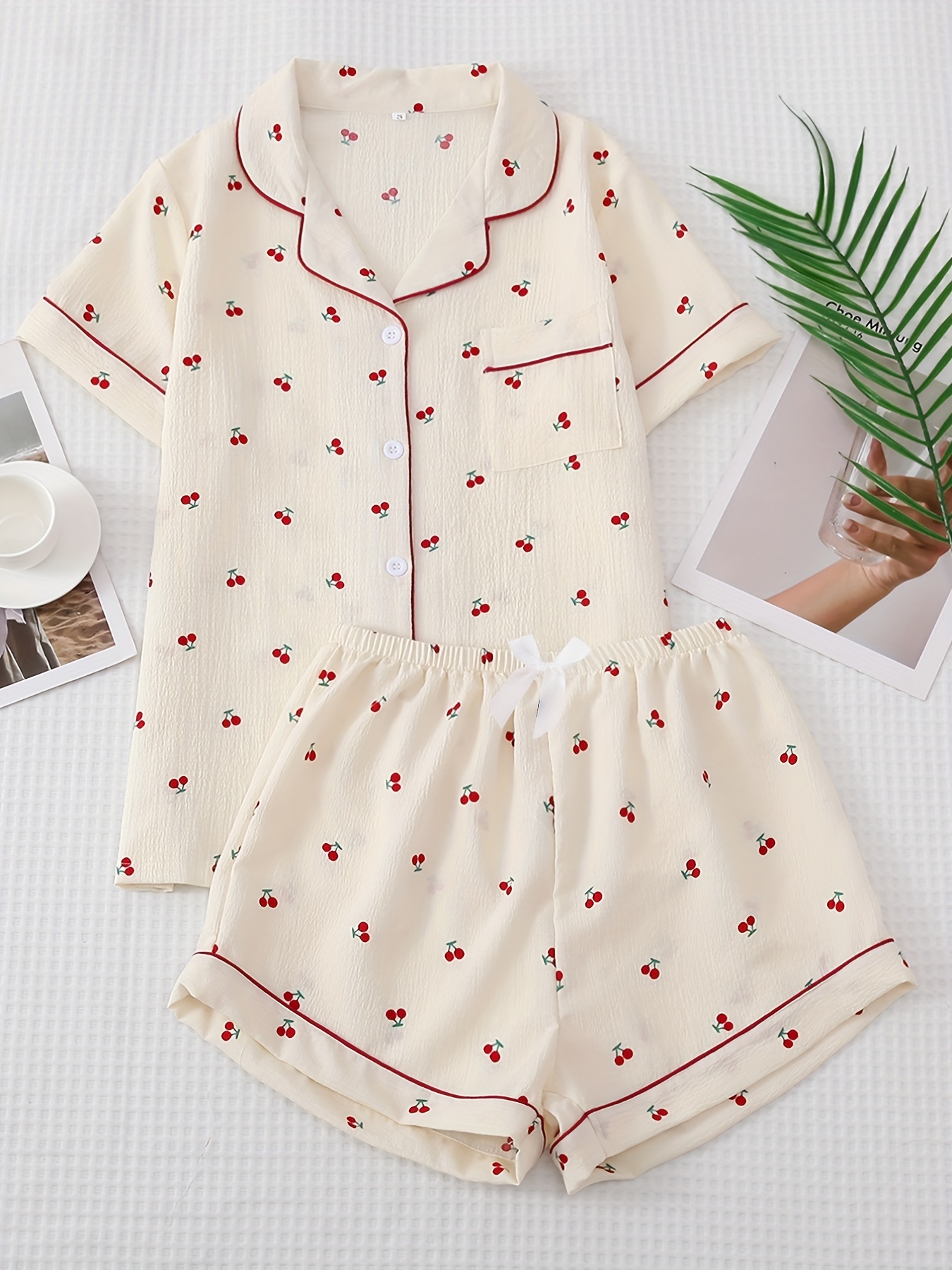 Cherry Print Pajama Set for Women - Soft, Breathable, Sweet Lapel Buttons Top and Bow Shorts - Comfortable Sleepwear & Loungewear for Relaxation
