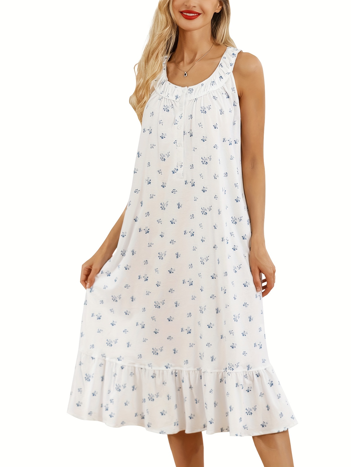 Cotton Nightgowns For Women Soft Sleeveless Nightgown Long Nightdress For Ladies Button Down Pajama Dress Sleepwear
