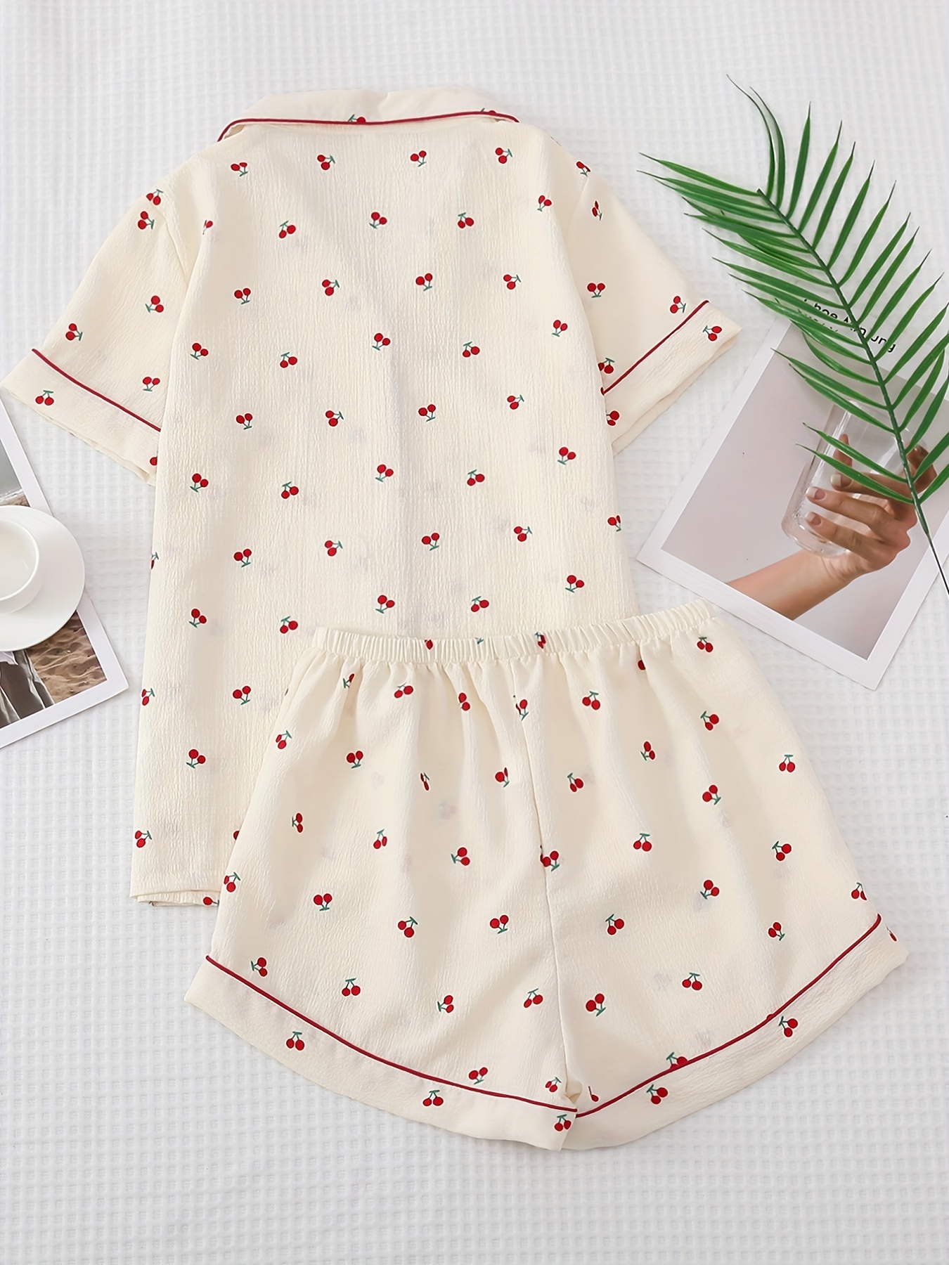 Cherry Print Pajama Set for Women - Soft, Breathable, Sweet Lapel Buttons Top and Bow Shorts - Comfortable Sleepwear & Loungewear for Relaxation