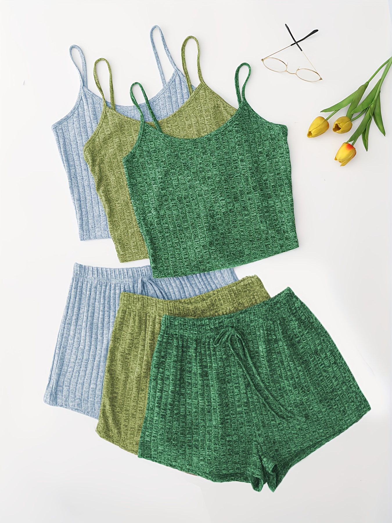 3 Sets Solid Pajama Set, Round Neck Cami Top & Lace-up Shorts, Women's Sleepwear & Loungewear