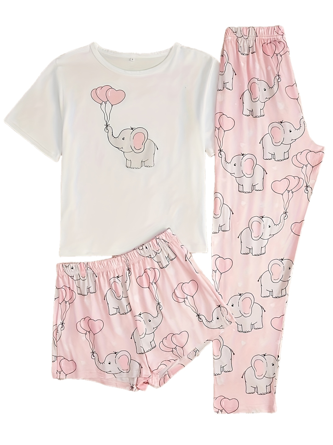 3_ Pieces _ Set of Women's Elephant Picture Print Short Sleeves _ T_ Shirts, Short Pants and Long Pants Loungewear