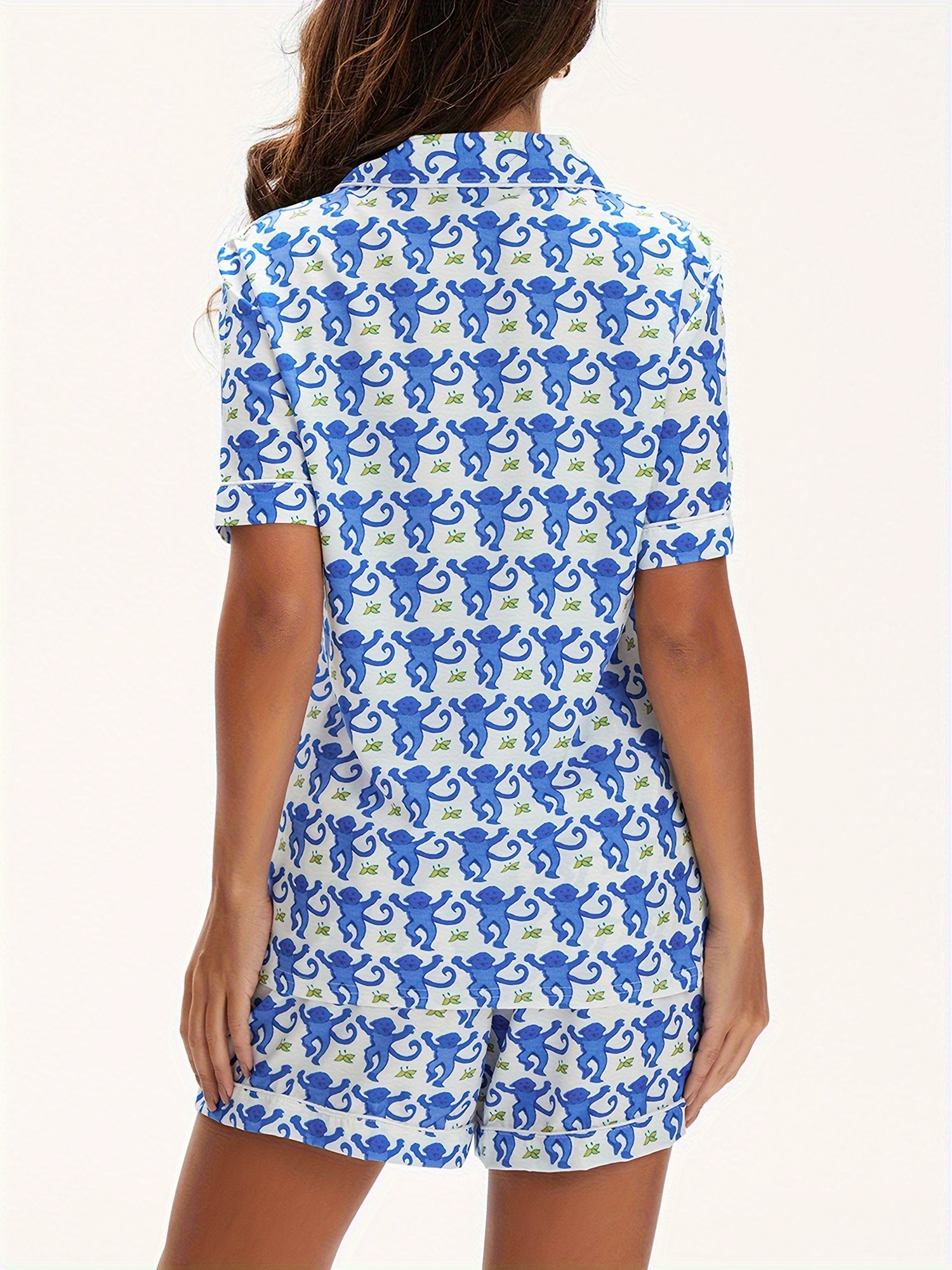 Women's Casual Pajama Set - Cartoon Monkey Print Short Sleeve Lapel Button-Down Top With Elastic Waist Shorts