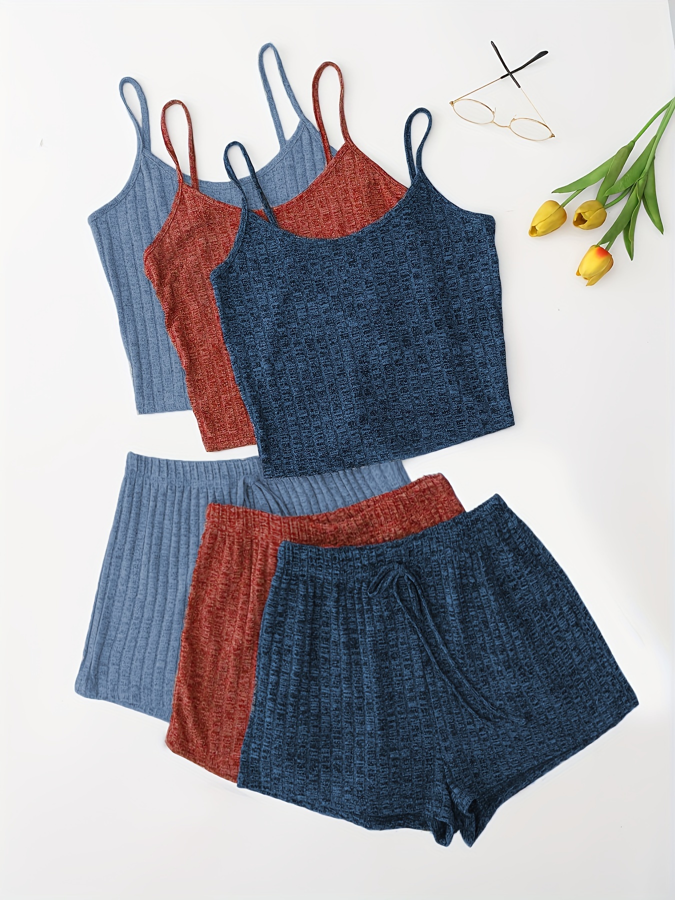 3 Sets Solid Pajama Set, Round Neck Cami Top & Lace-up Shorts, Women's Sleepwear & Loungewear