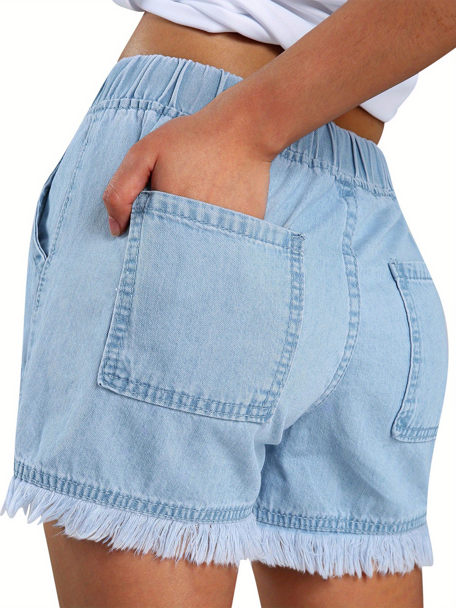 Women's Washed Denim Shorts, Casual Drawstring Elastic Waist Frayed Hem Loose Fit Denim Shorts