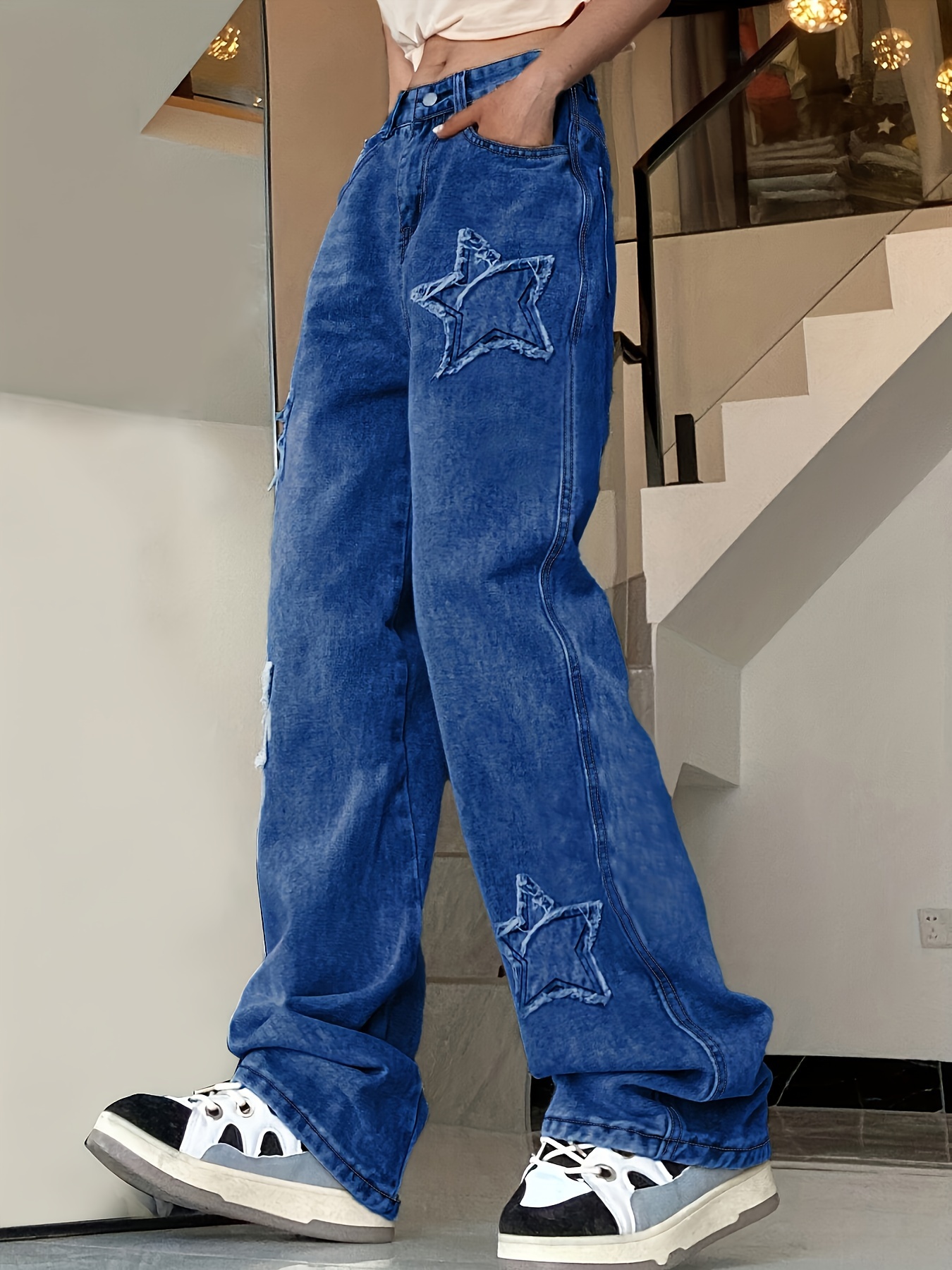 Women's Blue Star Patchwork Straight Jeans with Slant Pockets and Loose Fit - Non-Stretch Denim Pants for Comfortable and Stylish Look