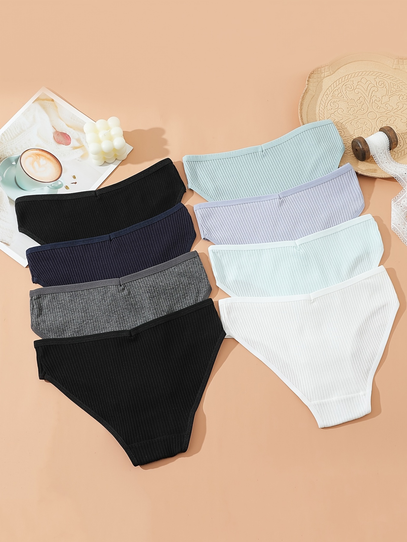 8pcs Seamless Ribbed Bikini, Comfy & Breathable Low Waist Panties, Women's Lingerie & Underwear