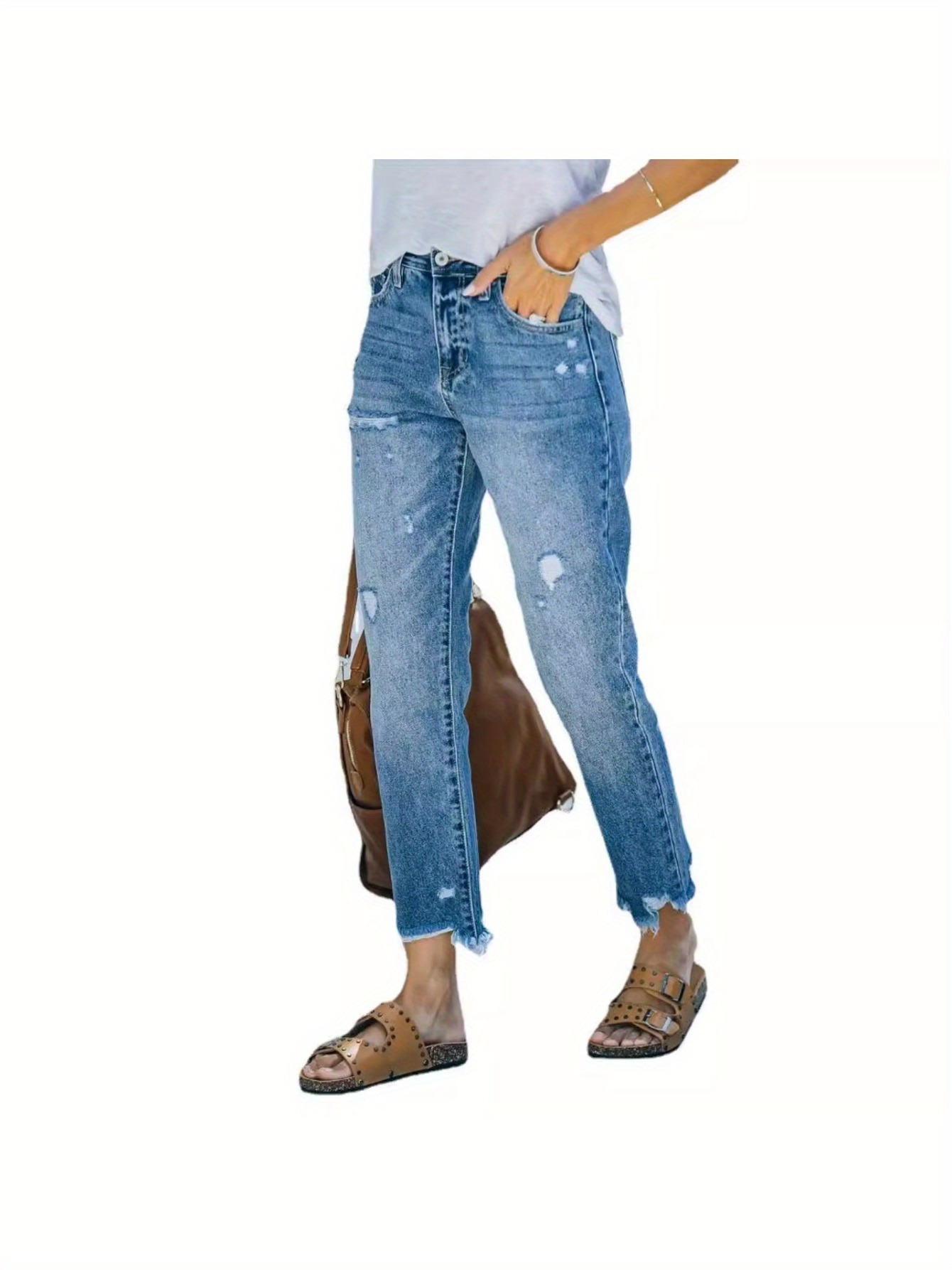 Women's Ripped Raw Hem Crop Straight Leg Jeans High Waist Casual Pants