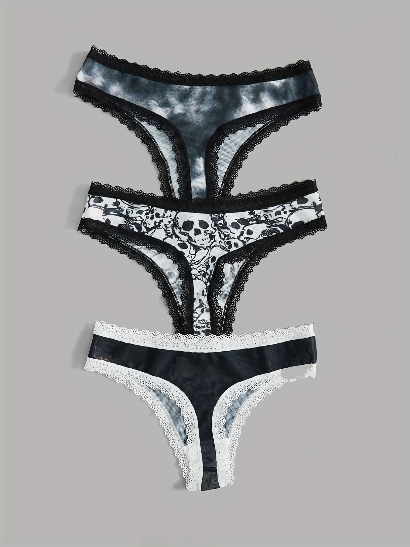 3pcs Comfortable Skull Pattern Thongs with Delicate Lace Trim for Women's Lingerie and Underwear