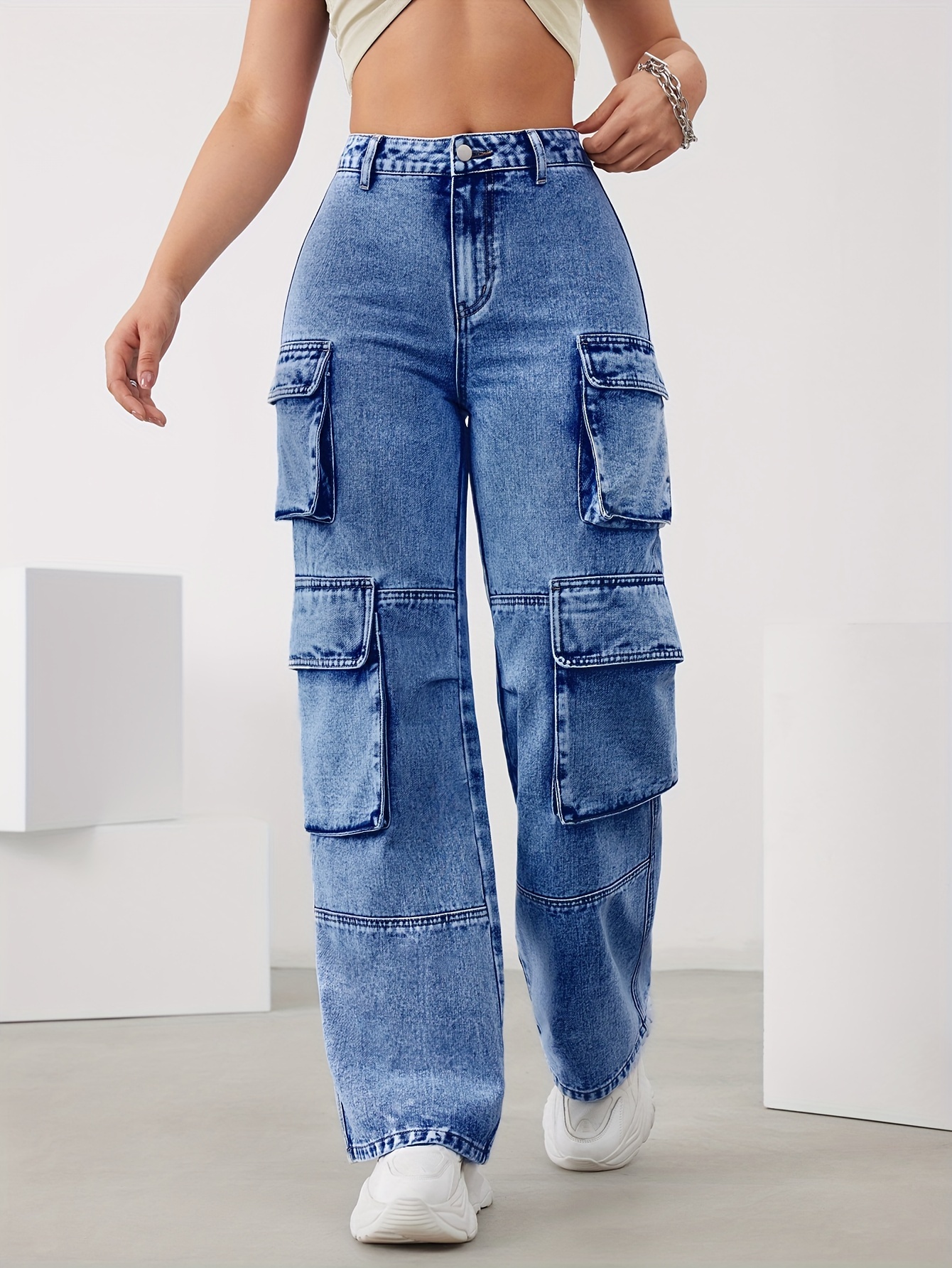 Sky Blue Multi-pocket Cargo Pants, High Waist Loose Wide Leg Denim Pants, Women's Denim Jeans & Clothing