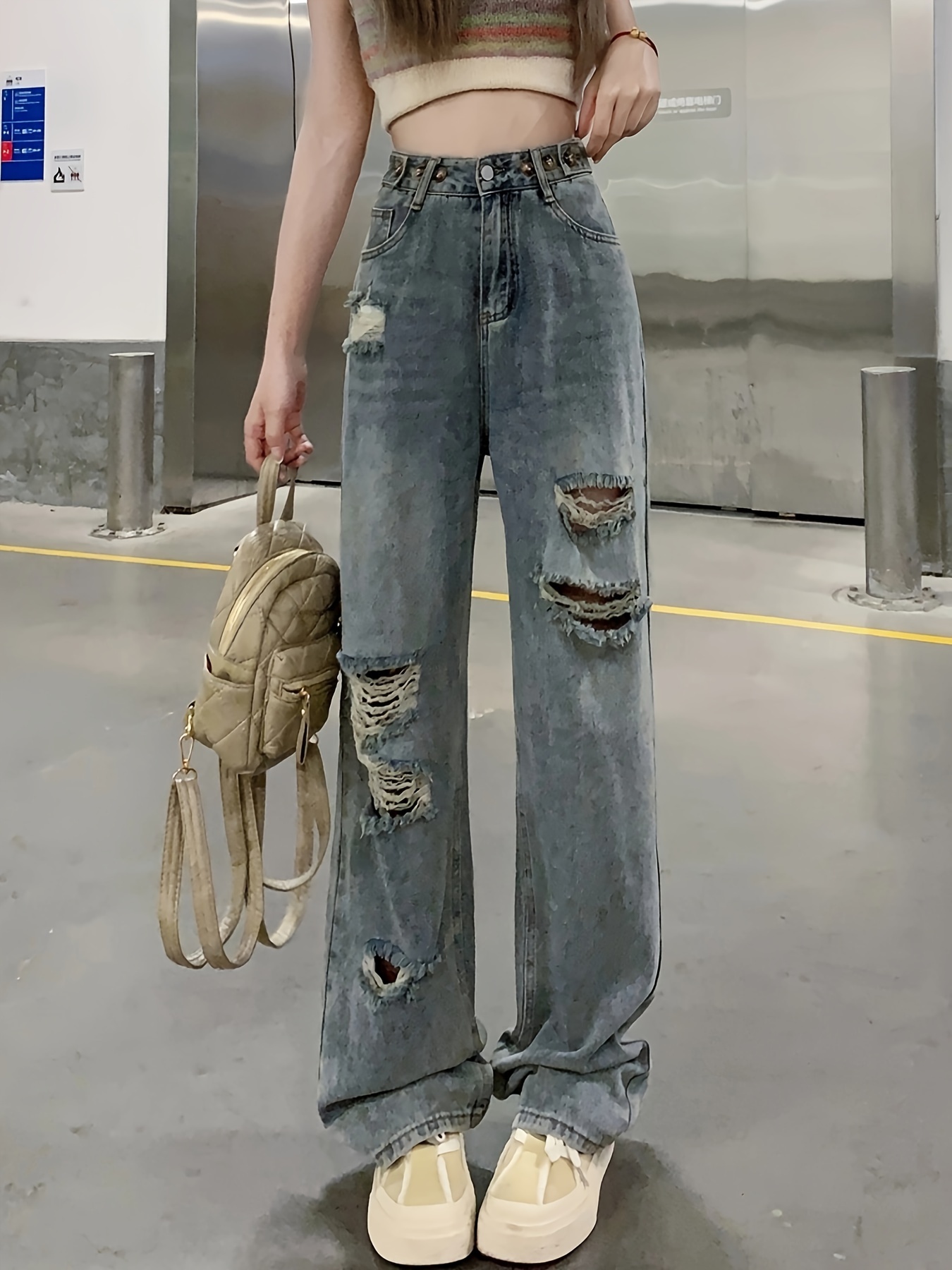 Vintage Chic Ripped Straight Leg Denim Jeans - Non-Stretch, Ombre Pattern, Loose Fit, Slant Pockets, Machine Washable, All-Season, Woven Fabric - Womens Fashionable Denim Clothing