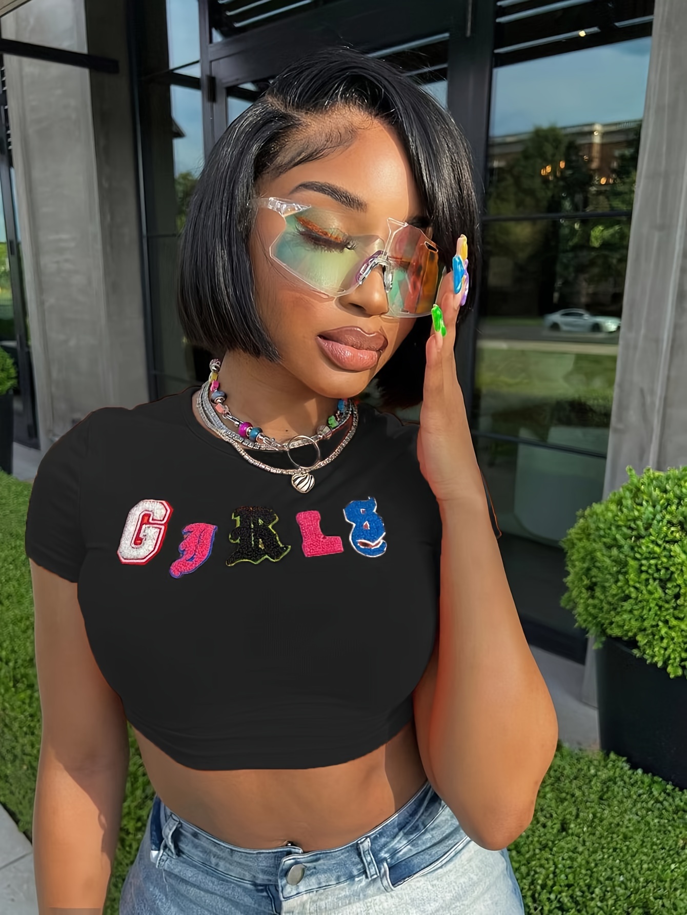 Letter Fashion Y2k Style Casual Crop Top, Round Neck Summer Slim Fit T-shirts, Women's Tops