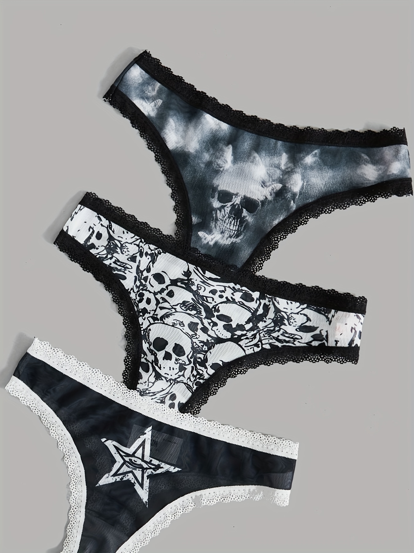 3pcs Comfortable Skull Pattern Thongs with Delicate Lace Trim for Women's Lingerie and Underwear