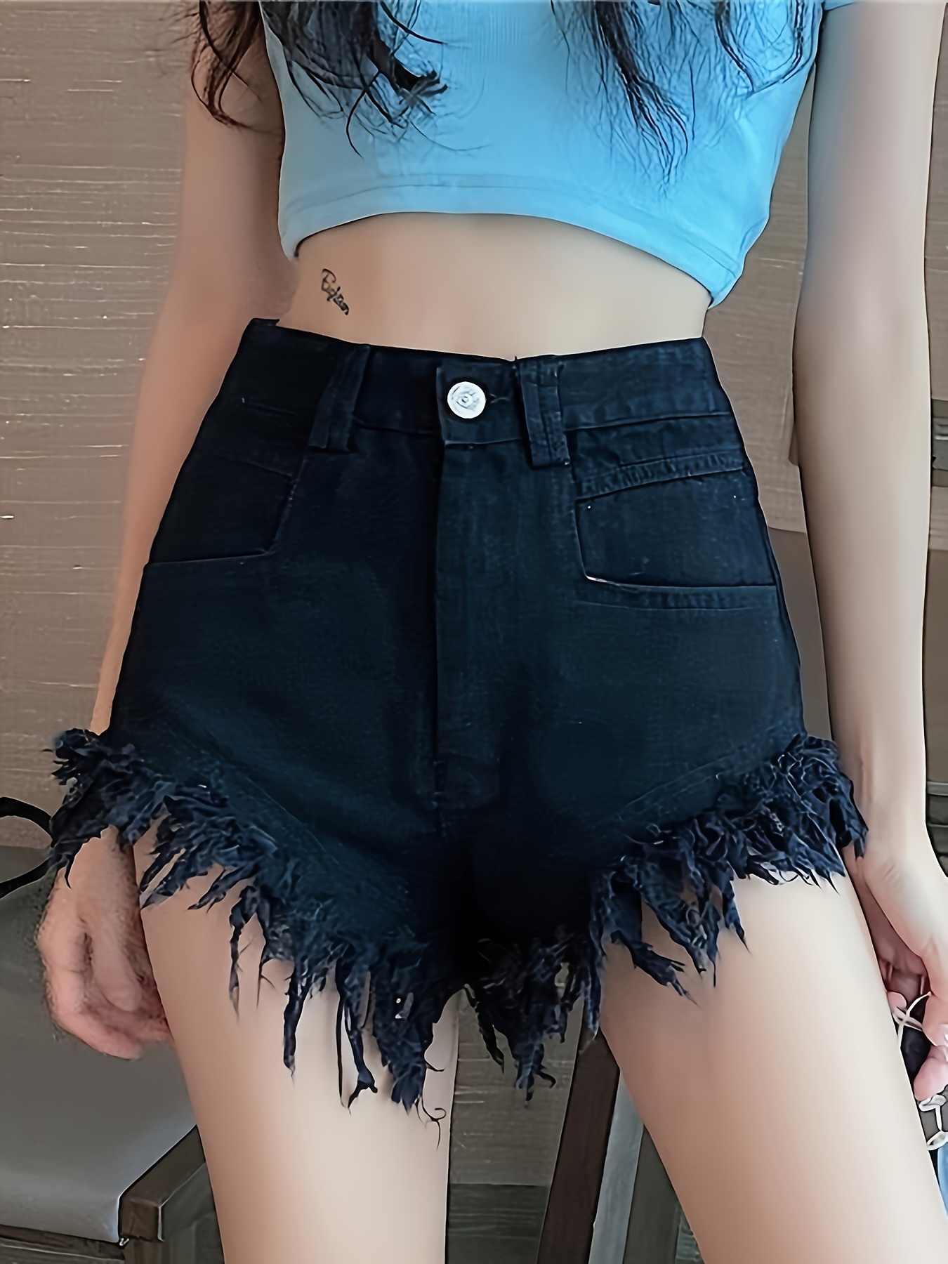 Casual Solid No Stretch Black High Waist Denim Shorts| Raw Hem, Pocket Back, 100% Cotton, Slim Fit& Close-fitting, Summer Essential | For Outdoors Active, Women's Denim Clothing
