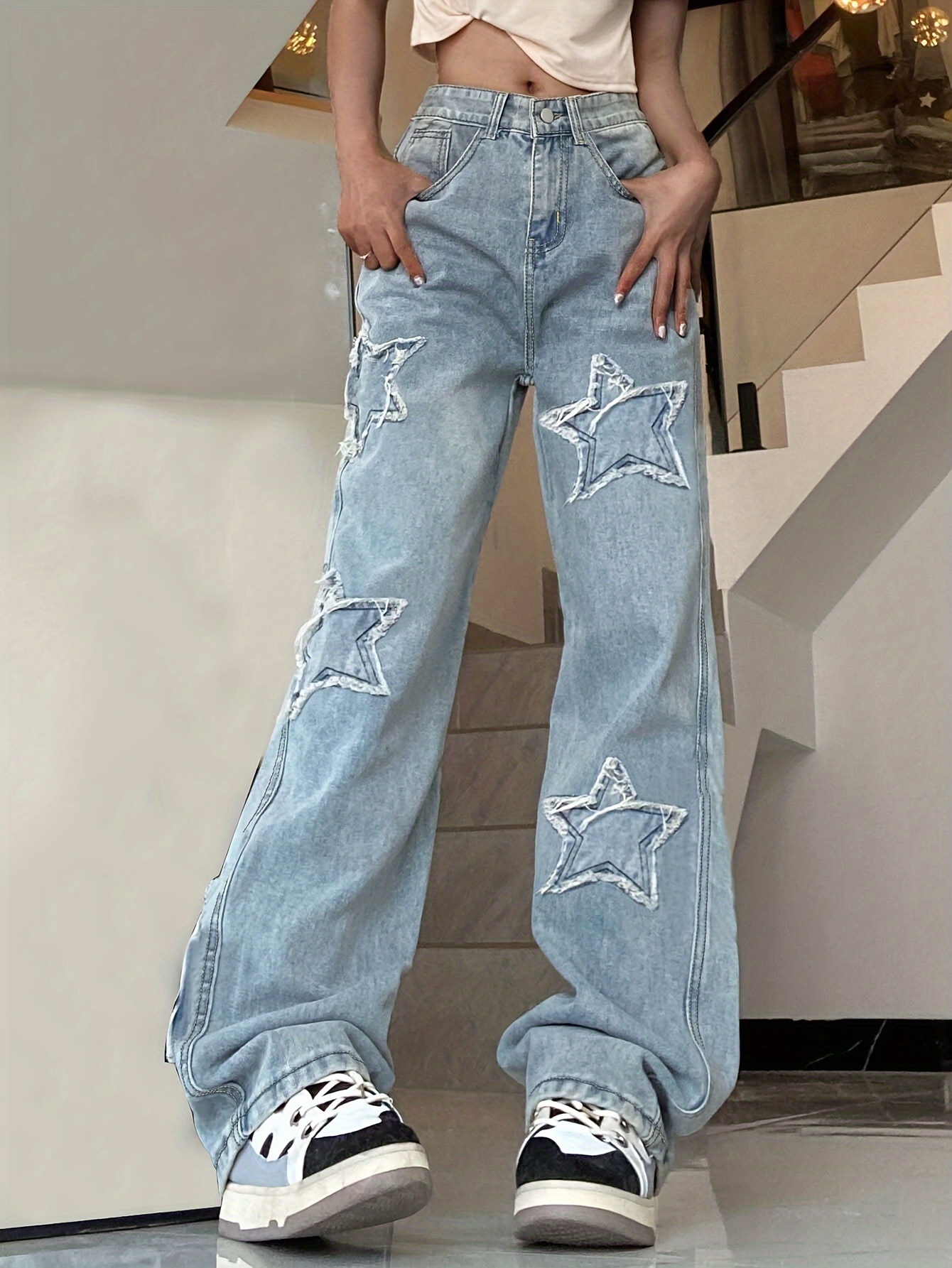 Women's Blue Star Patchwork Straight Jeans with Slant Pockets and Loose Fit - Non-Stretch Denim Pants for Comfortable and Stylish Look