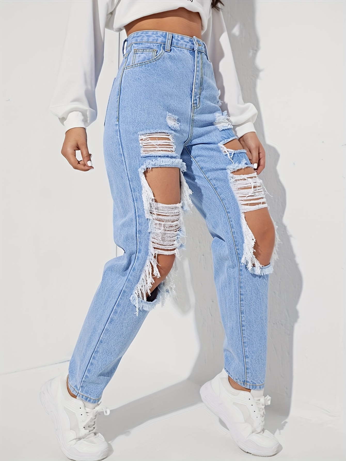 Long Length High-Waisted Wide Leg Distressed Jeans - Fashionable Ripped Denim Pants with Frayed Detail, Relaxed Fit, Button Fly Closure, and Machine Washable - Perfect for Weekend Casual Streetwear