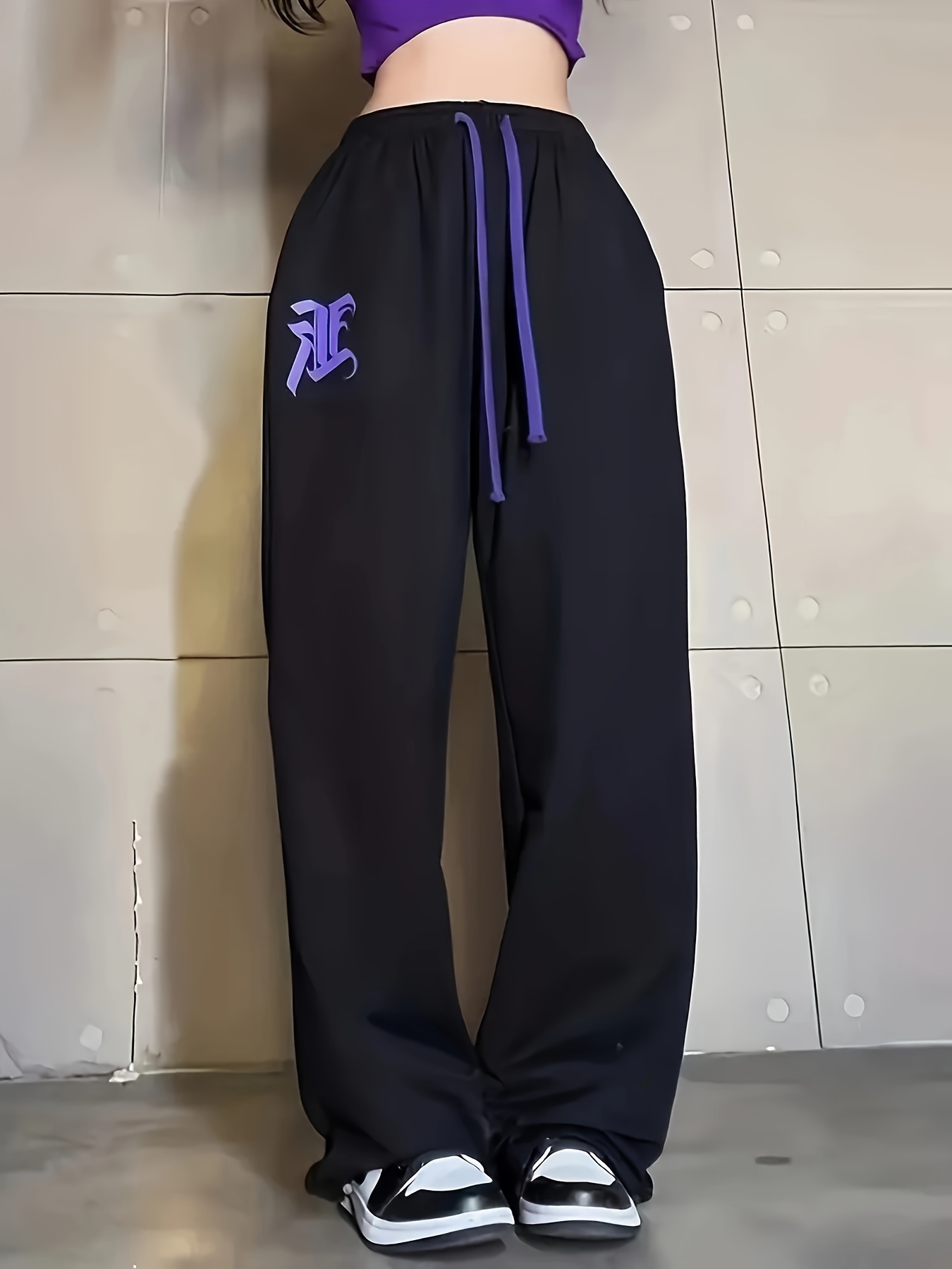 Letter Print Chic Jogging Pants, Elastic Waist Loose Fit Running Workout Pants, Women's Activewear