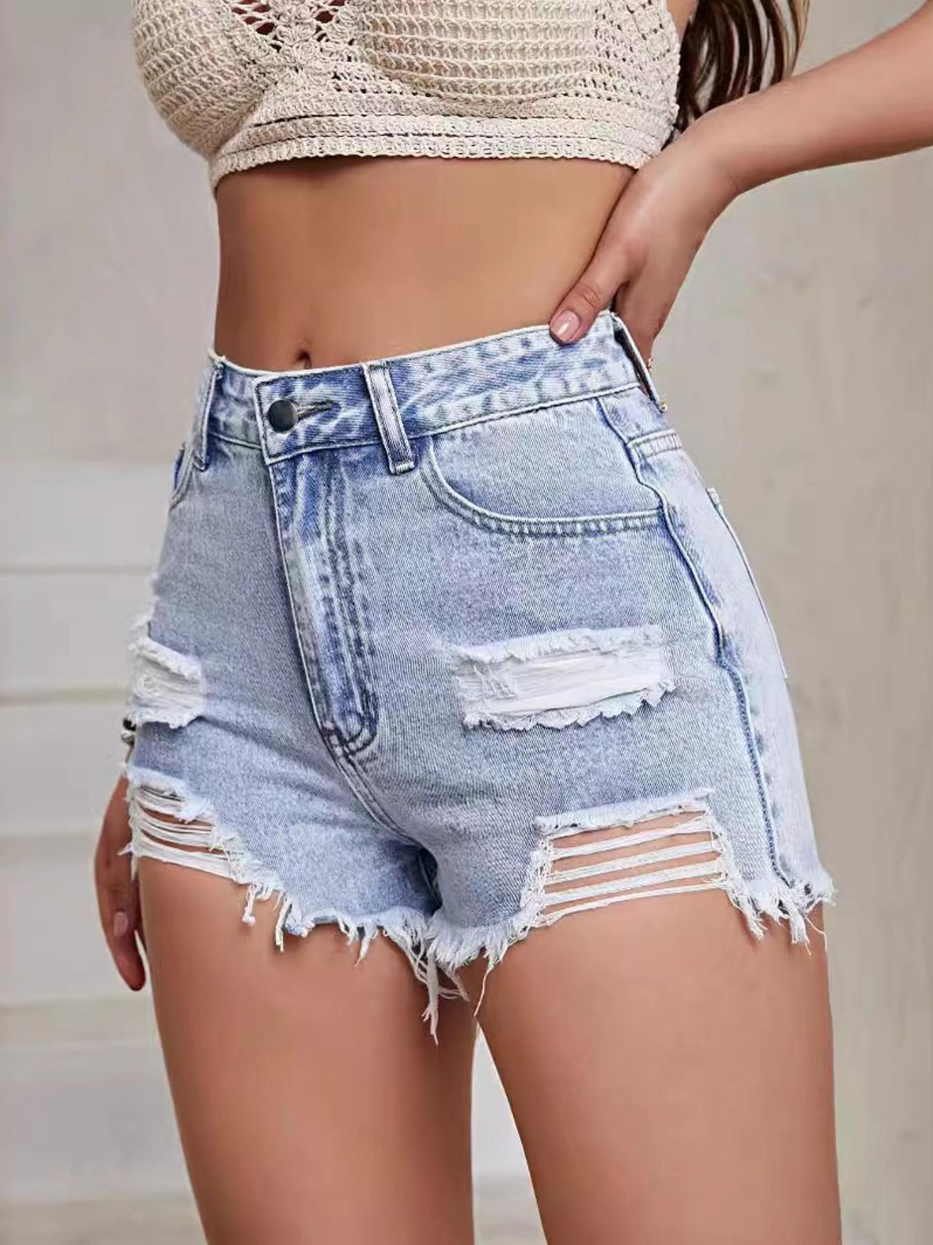 Women's Fashion Casual Ripped Denim Shorts, Ripped Hot Pants, High-Waisted, High-Waisted, Thin Jeans