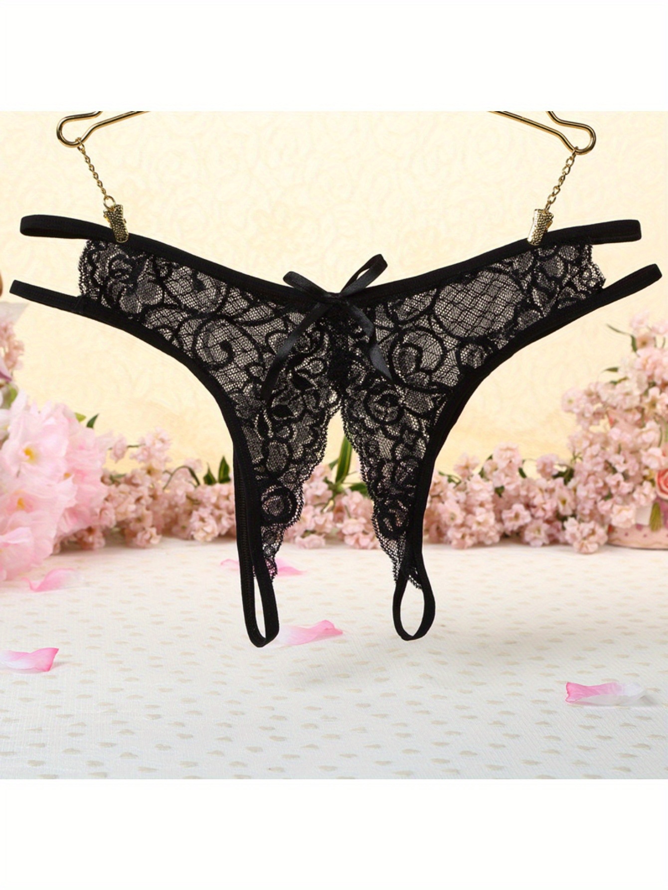 4pcs Floral Lace Mesh Thongs, Sheer Bowknot Panties, Sexy Lingerie and Panties for Women