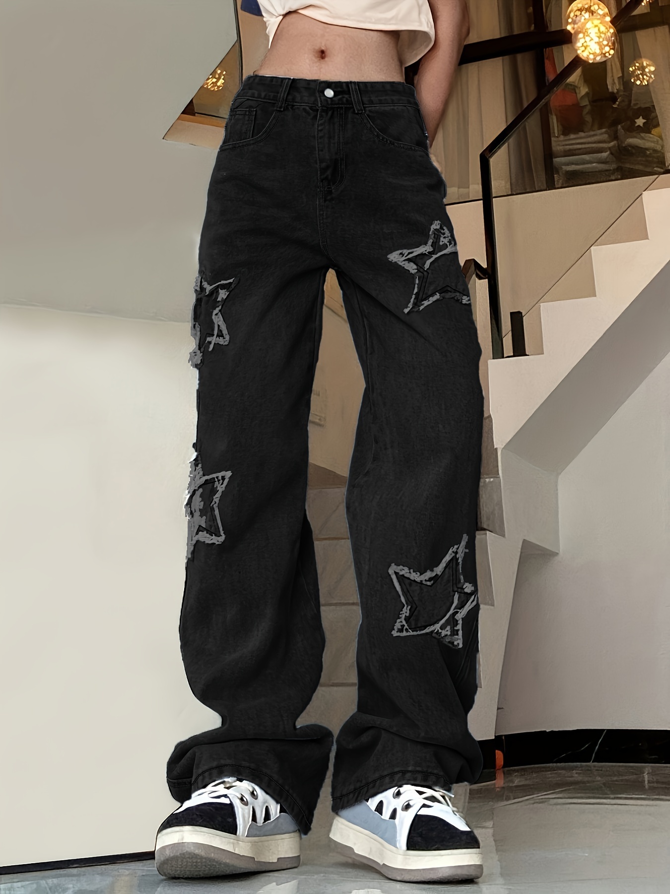 Women's Blue Star Patchwork Straight Jeans with Slant Pockets and Loose Fit - Non-Stretch Denim Pants for Comfortable and Stylish Look