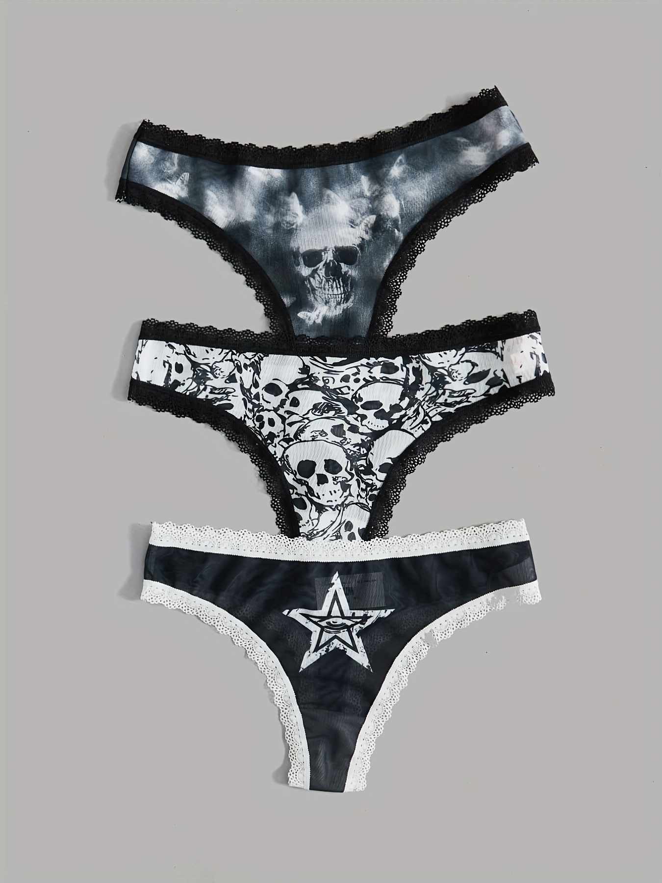 3pcs Comfortable Skull Pattern Thongs with Delicate Lace Trim for Women's Lingerie and Underwear