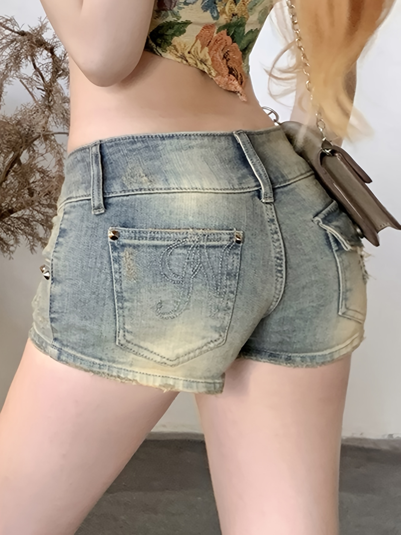 Hot Double Buttons Rivets Detail Ripped Denim Shorts, Hot Retro Washed Low Rise Mini Denim Shorts, Women's Denim Jeans & Clothing