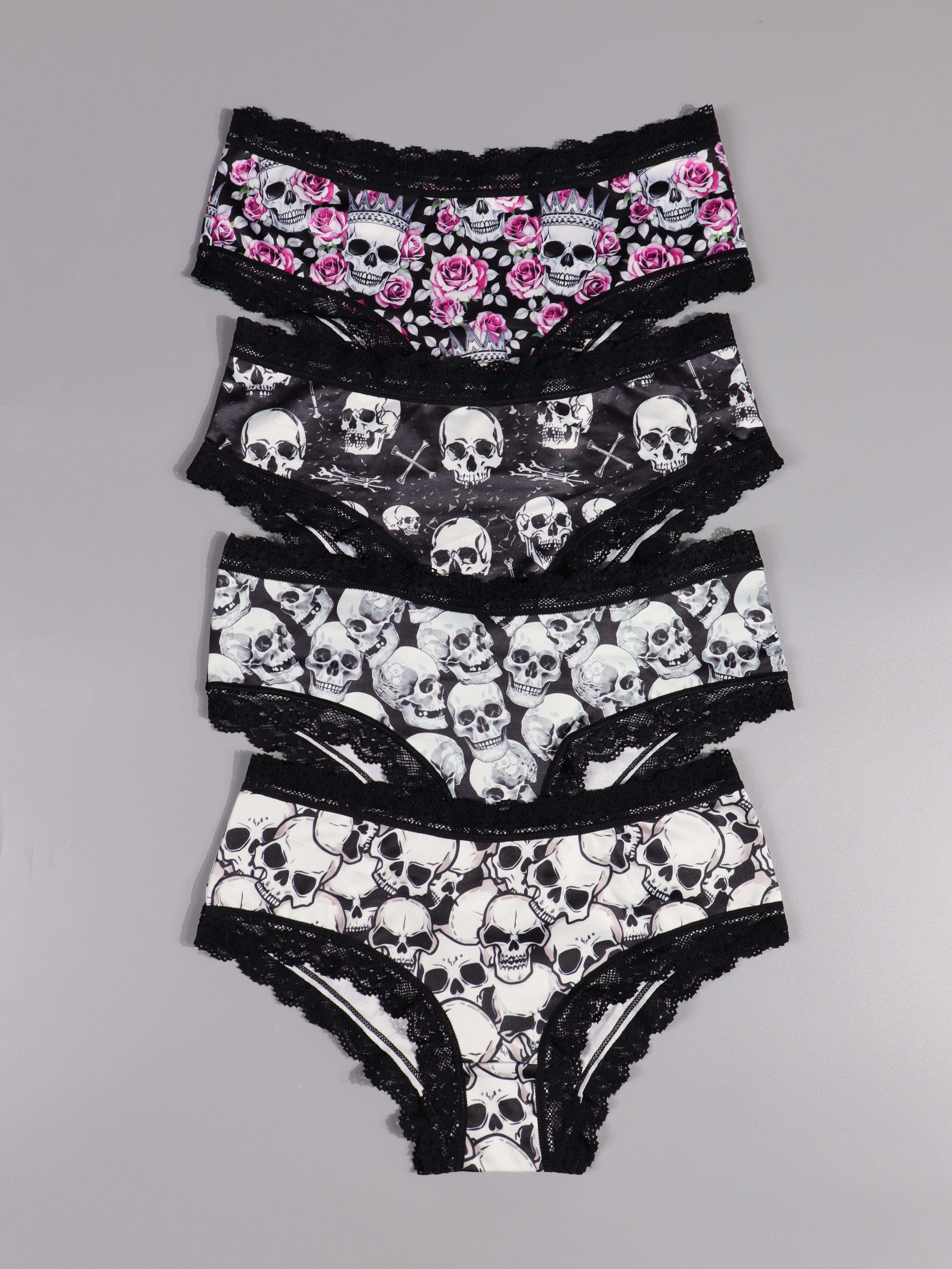 4pcs Gothic Skull Print Lace Trim Low Waist Briefs, Soft & Comfy Stretchy Panties, Women's Lingerie & Underwear