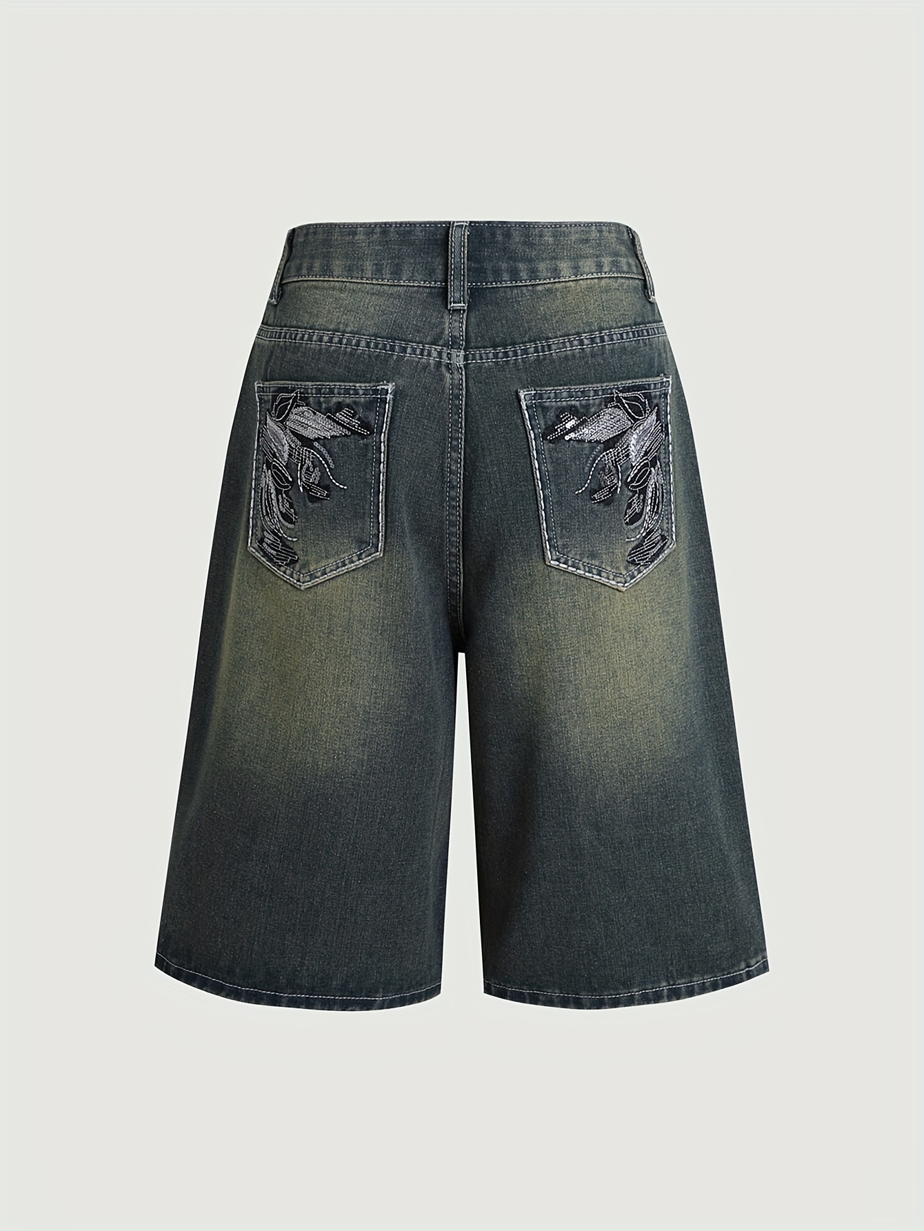 Womens Fashion Denim Shorts - Distressed Wash, Sequin Embroidered Pockets, Casual Summer Jean Shorts with Comfortable Fit, Stylish Design, and Versatile Style for Outdoor Activities