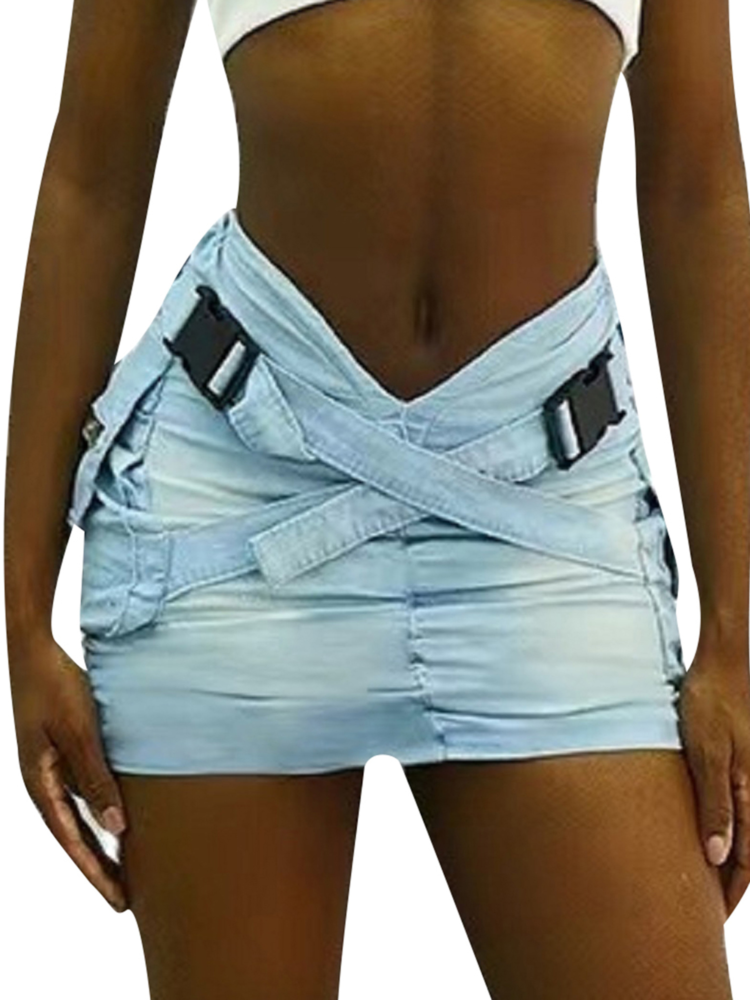Women Cargo Denim Skirt Casual Summer Cross Straps Ruched Jeans Mini Skirt for Beach Vacation Club Streetwear