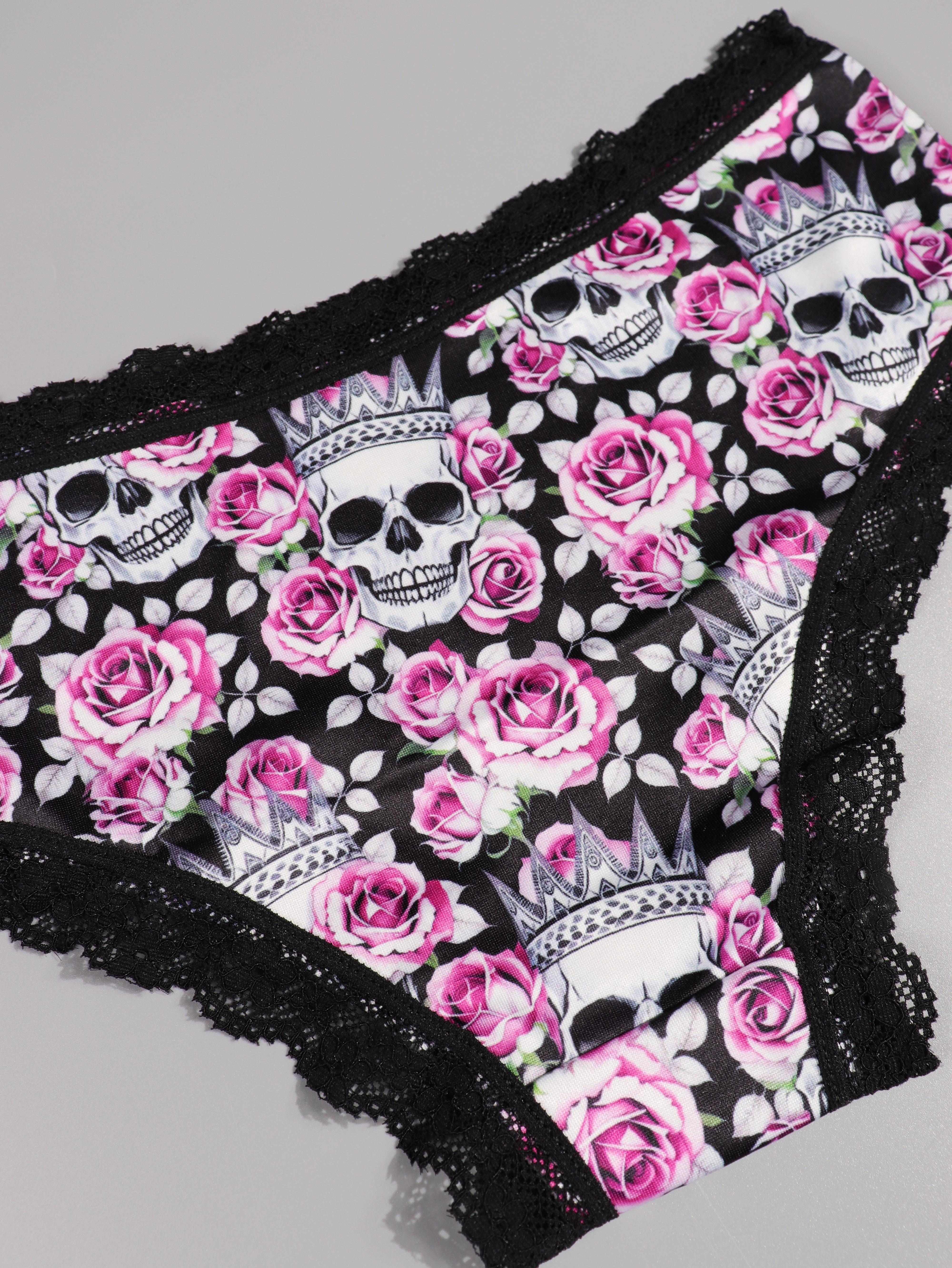 4pcs Gothic Skull Print Lace Trim Low Waist Briefs, Soft & Comfy Stretchy Panties, Women's Lingerie & Underwear