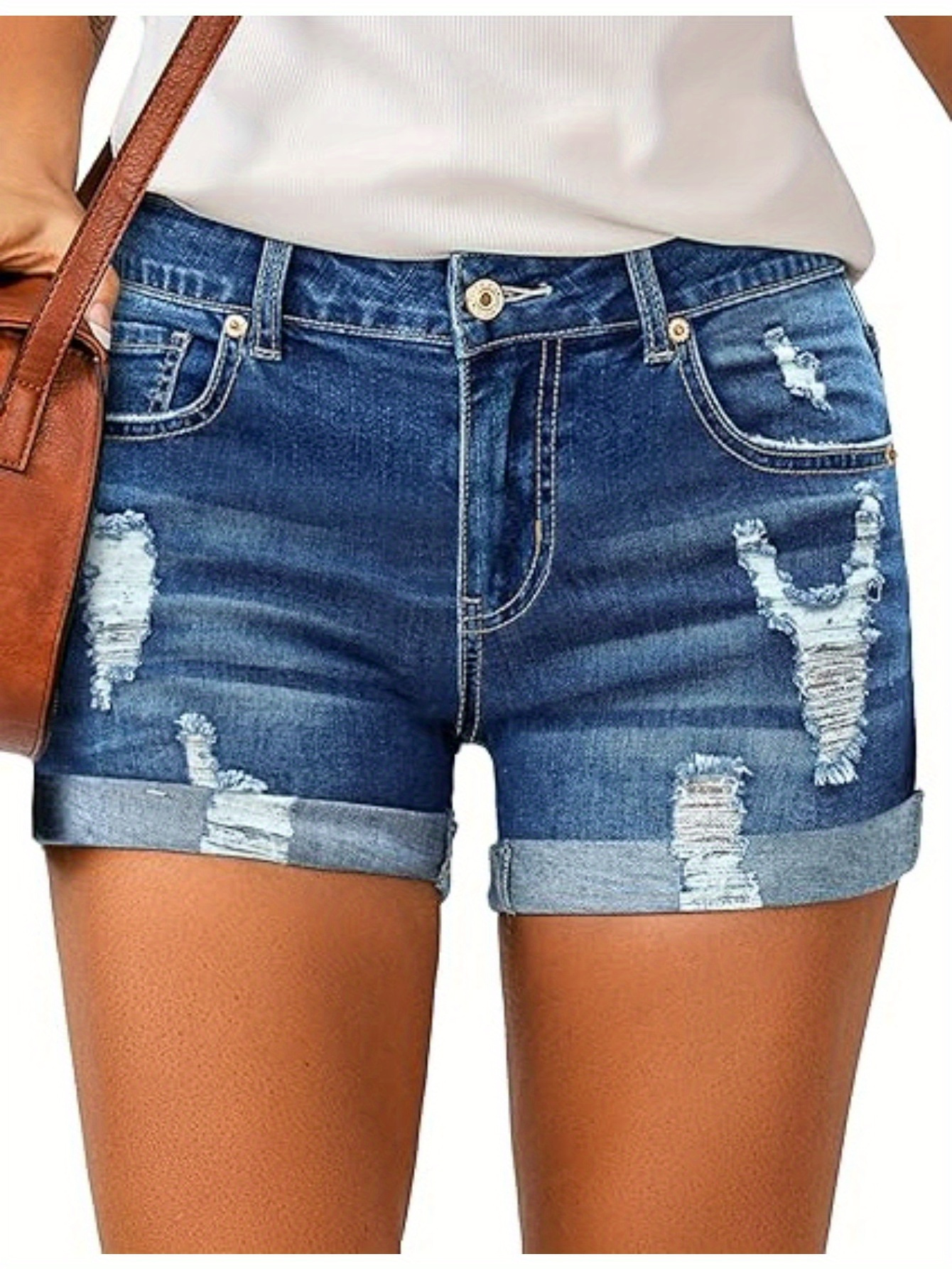 Women's Casual High-Waisted Denim Shorts, Rolled Hem Ripped Jeans, Distressed Summer Fashion, Breathable Blue Jean Shorts