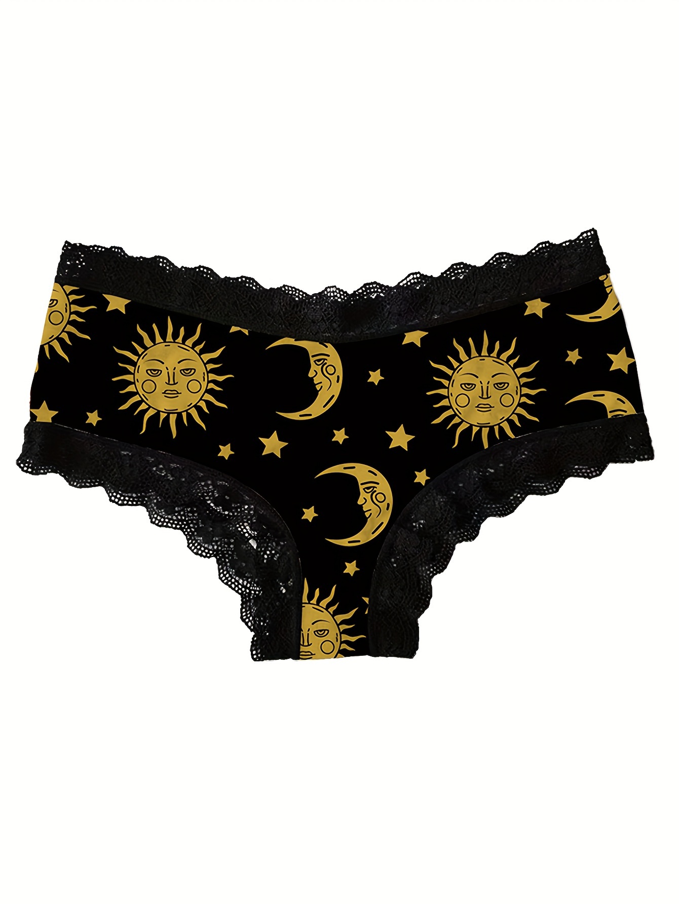 3pcs Moon & Sun Print Lace Trim Briefs - Ultra Comfy, Breathable, Stretchy, Soft Touch Intimates - Womens Lingerie & Underwear for Everyday Comfort