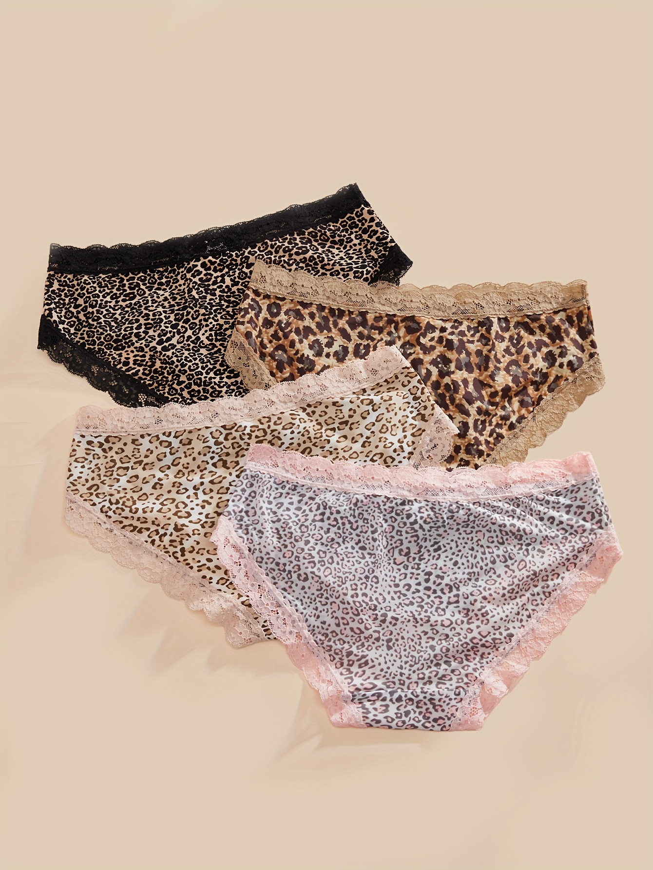 4pcs Contrast Lace Leopard Briefs, Comfy & Breathable Stretchy Intimates Panties, Women's Lingerie & Underwear