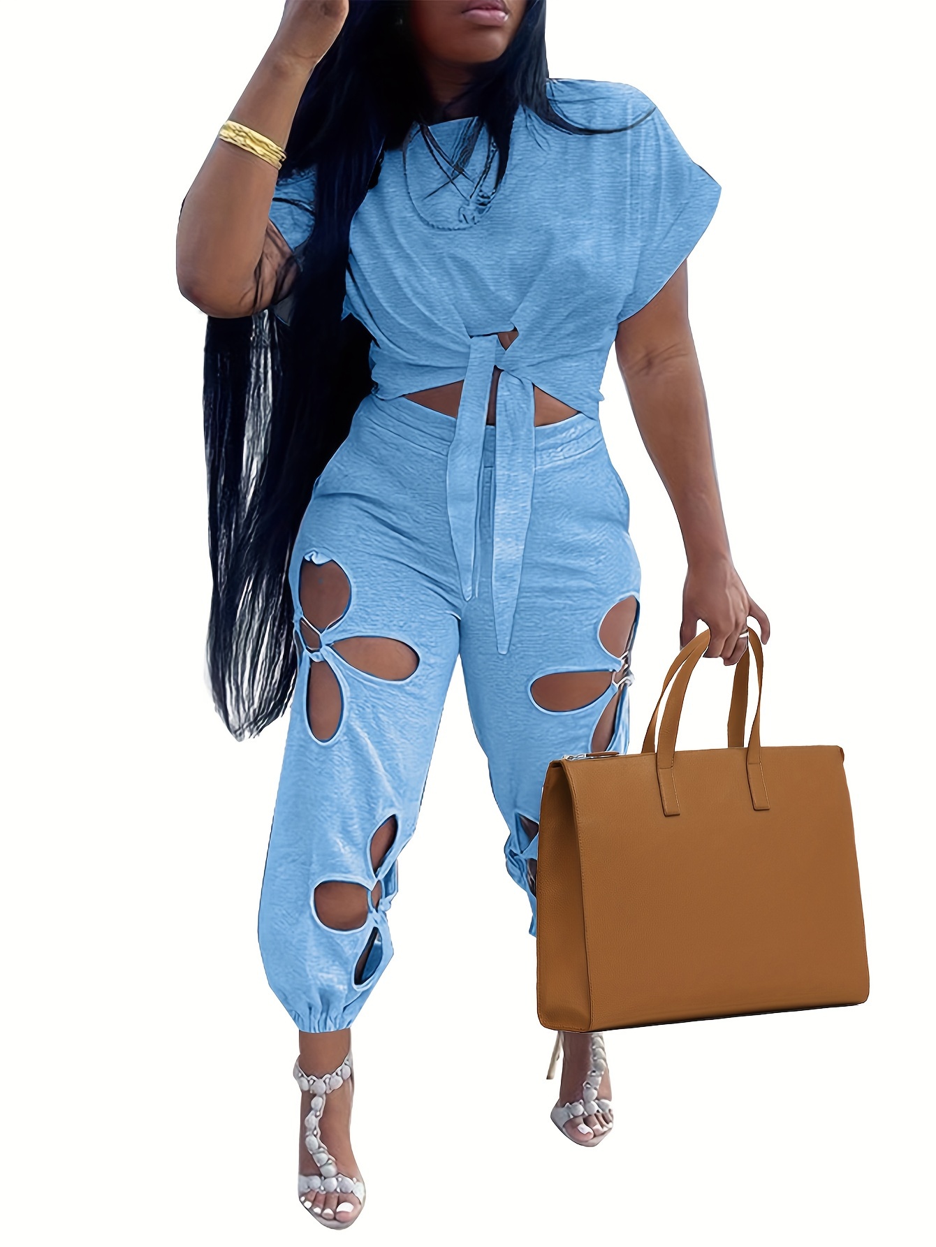 Women 2 Piece Outfits Crop Top With Hollow Out Sweatpants Casual Sets Women Fashion Tracksuit