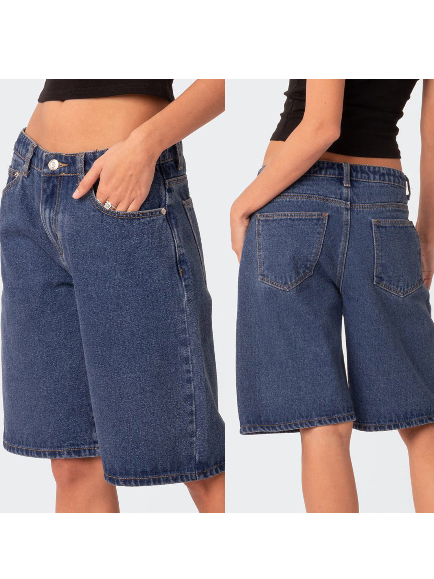 Womens Knee Length Denim Shorts Solid Color High Waist Loose Fit Jean Shorts for Summer