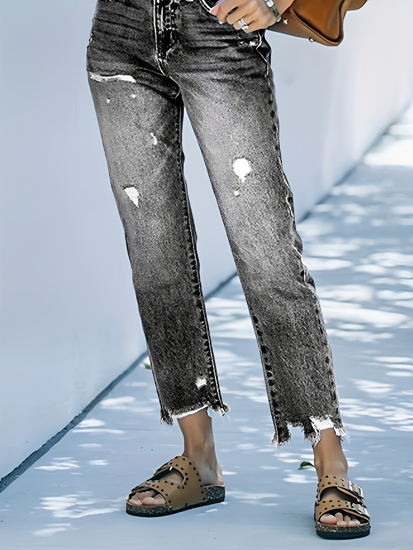 Women's Comfortable Straight-Leg Jeans - Ripped Casual Cropped Denim Pants With Slant Pockets, Casual Style