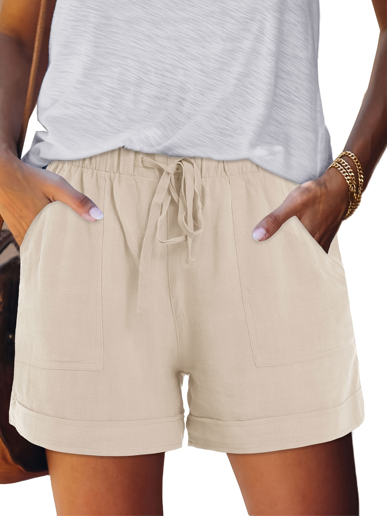 Women Comfy Drawstring Casual Elastic Waist Pure Color Shorts Summer Beach Lightweight Short Pants with Pockets