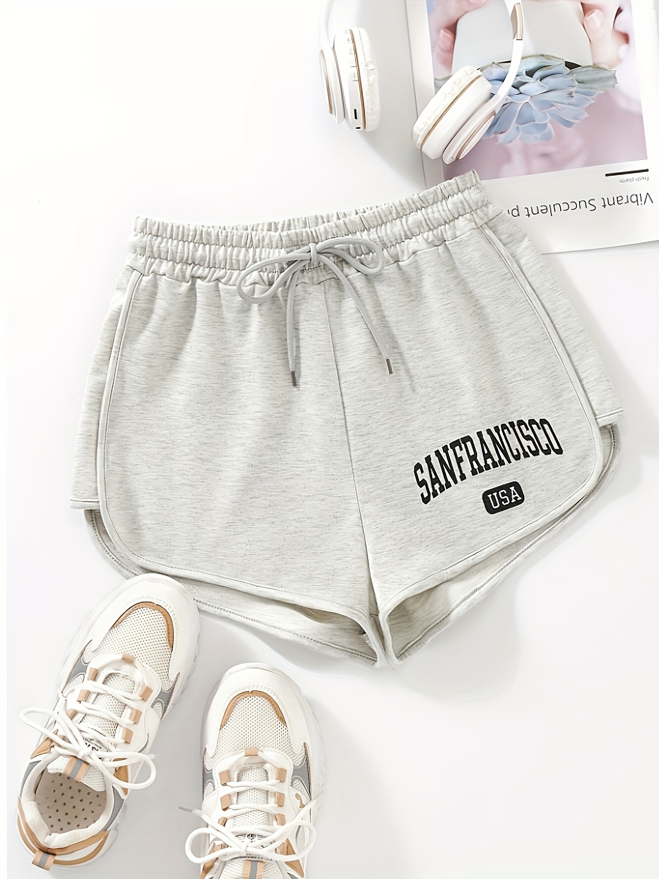 Alphabet Graphic Womens Casual Athletic Shorts - Elastic Drawstring Waist, Non-Stretch Polyester Fabric, Positioning Printed, Summer Sports Activewear for Women - Comfortable, Breathable, and Stylish