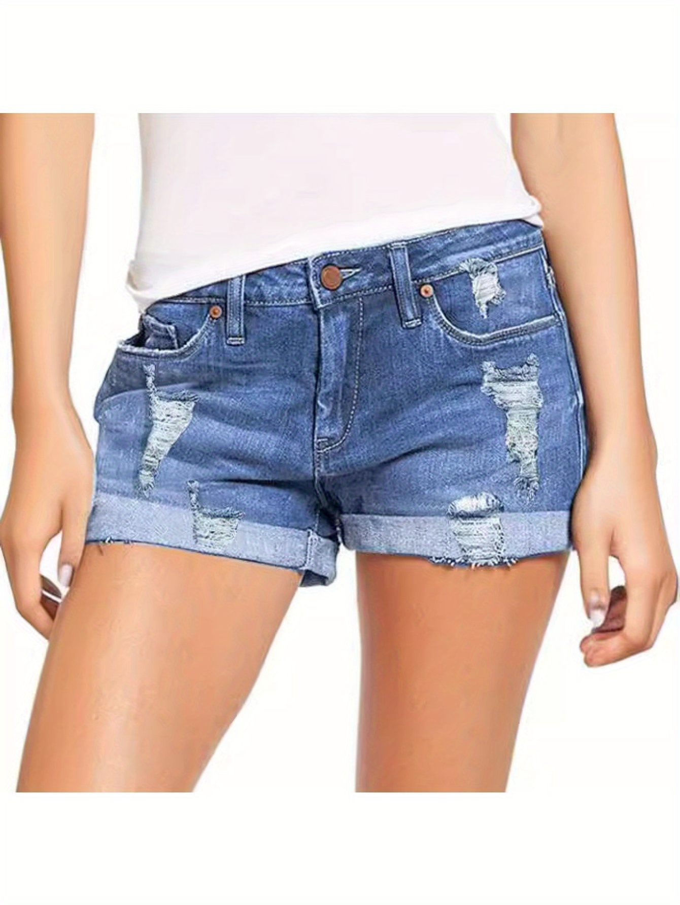 Women's Casual High-Waisted Denim Shorts, Rolled Hem Ripped Jeans, Distressed Summer Fashion, Breathable Blue Jean Shorts