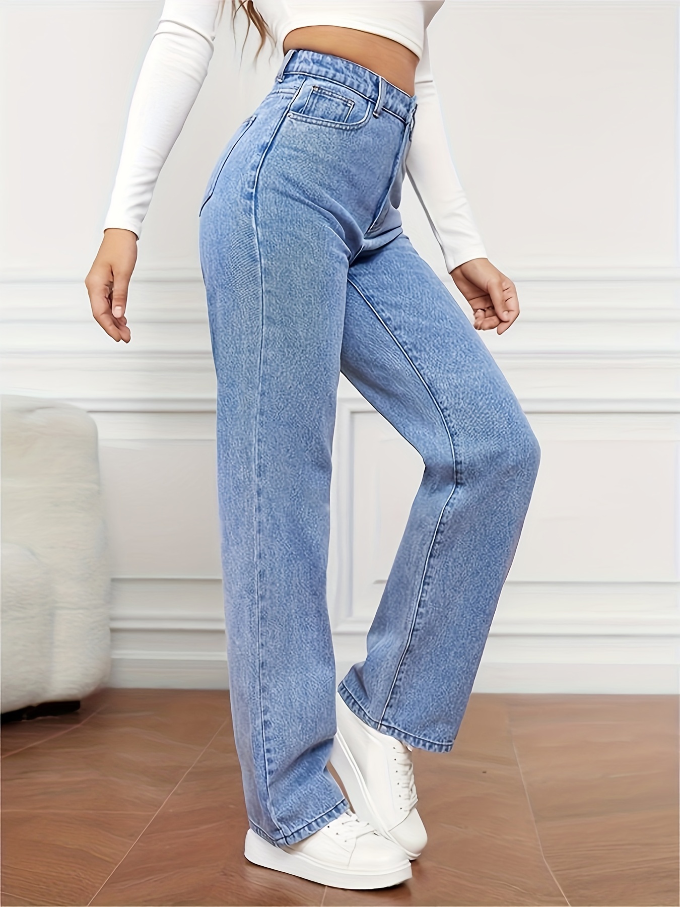 Womens Straight Leg Jeans Slim Wide Leg Jeans Simple Casual Jeans Women Summer