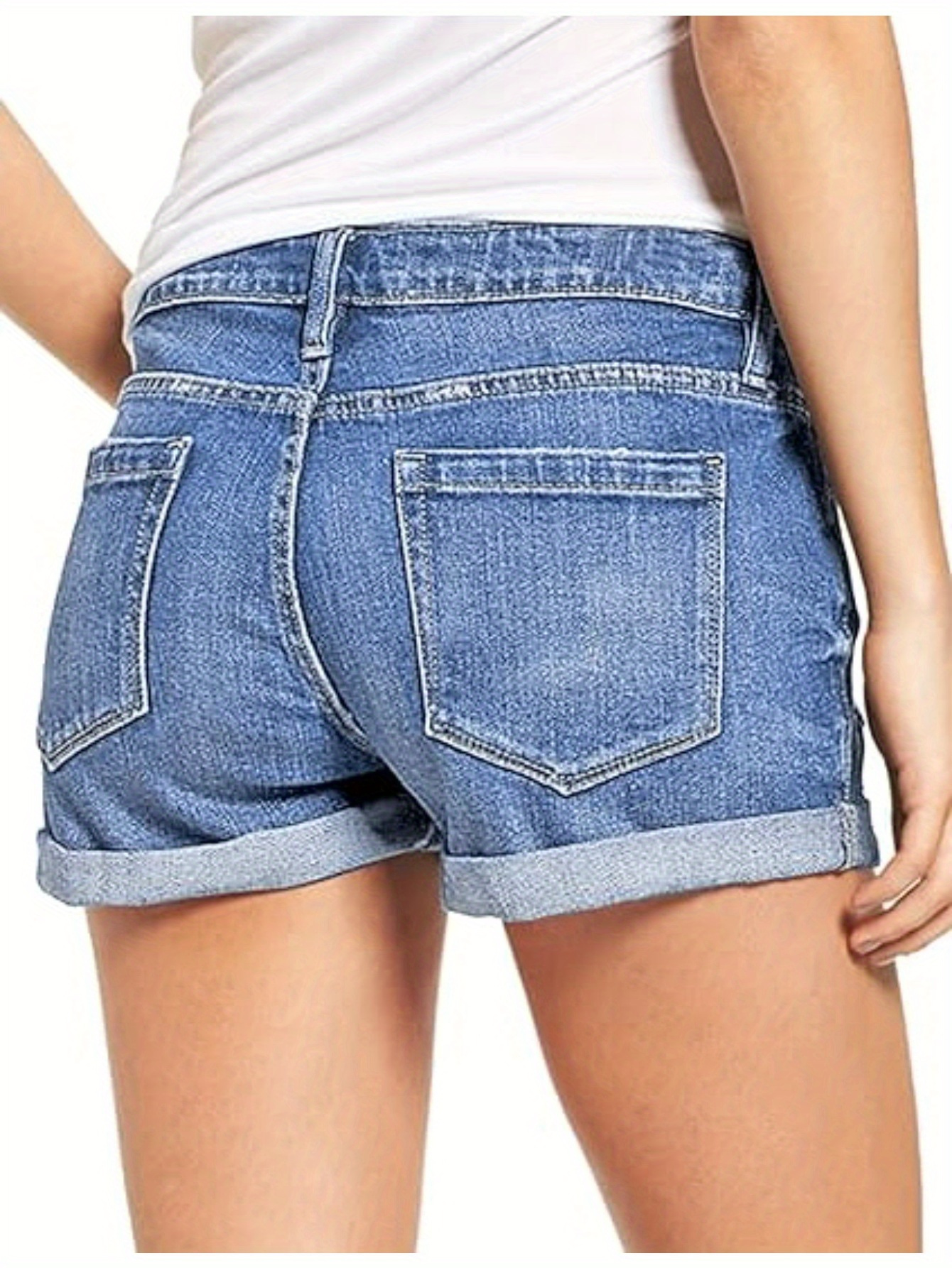Women's Casual High-Waisted Denim Shorts, Rolled Hem Ripped Jeans, Distressed Summer Fashion, Breathable Blue Jean Shorts