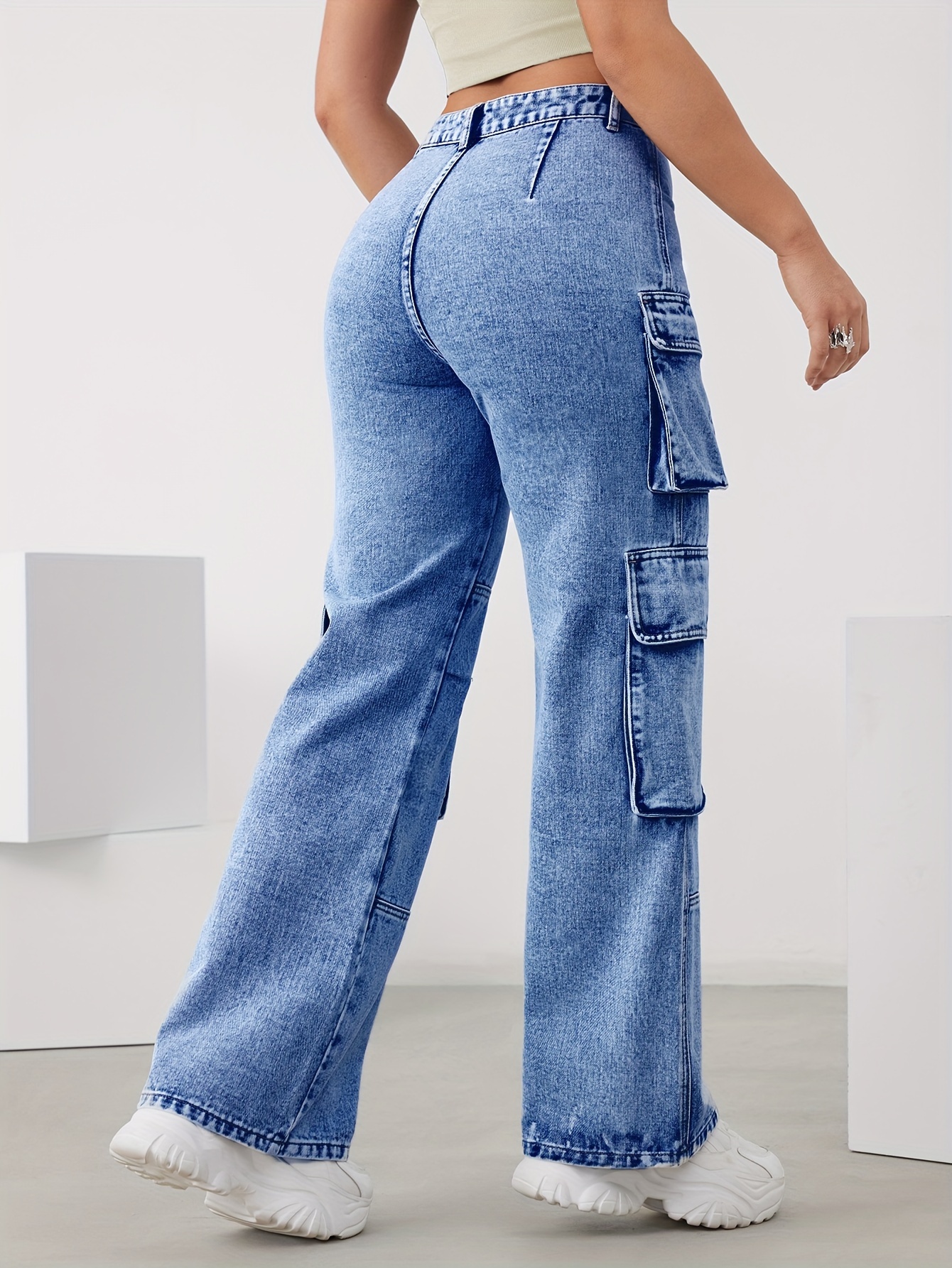 Sky Blue Multi-pocket Cargo Pants, High Waist Loose Wide Leg Denim Pants, Women's Denim Jeans & Clothing