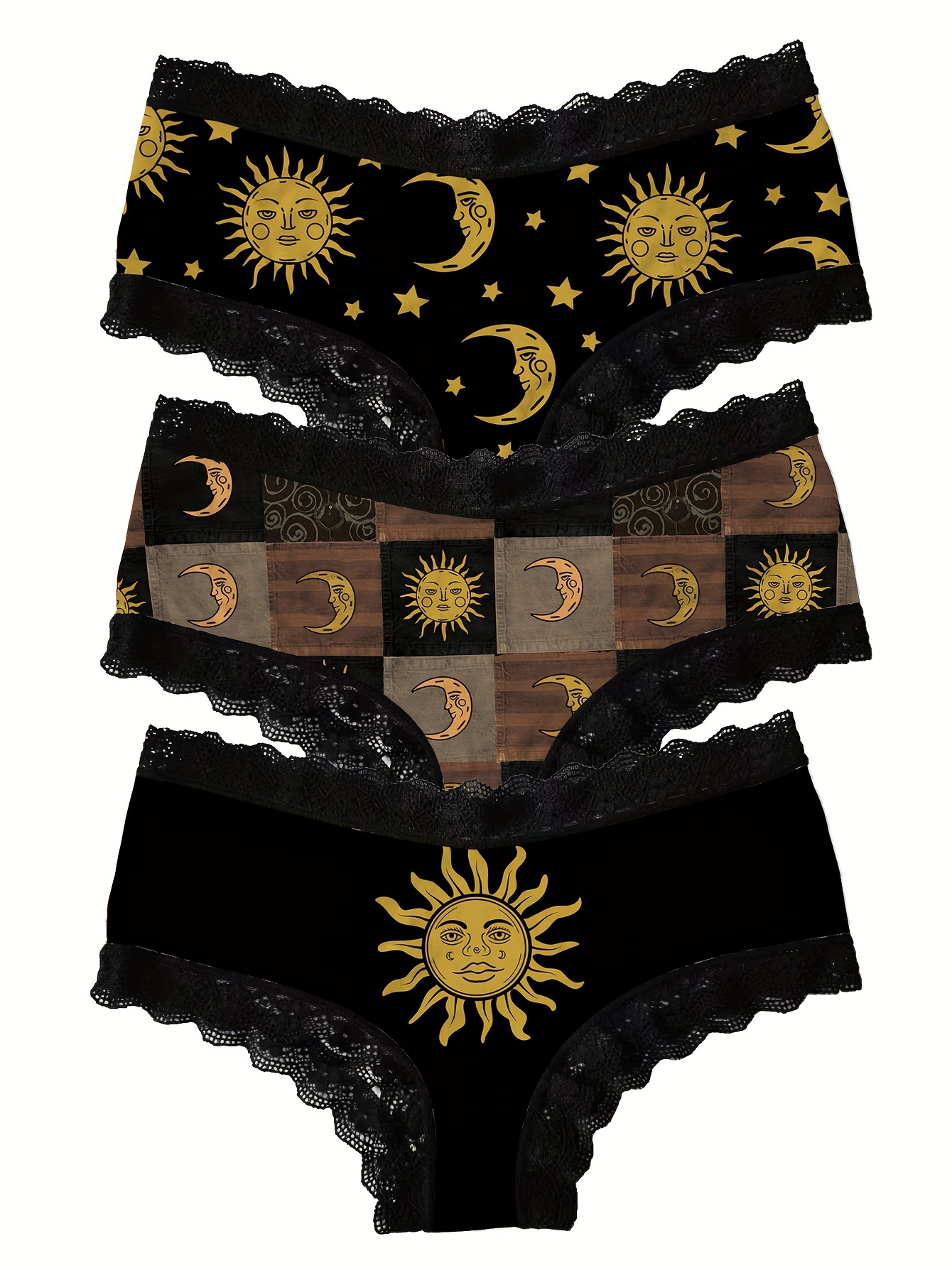 3pcs Moon & Sun Print Lace Trim Briefs - Ultra Comfy, Breathable, Stretchy, Soft Touch Intimates - Womens Lingerie & Underwear for Everyday Comfort