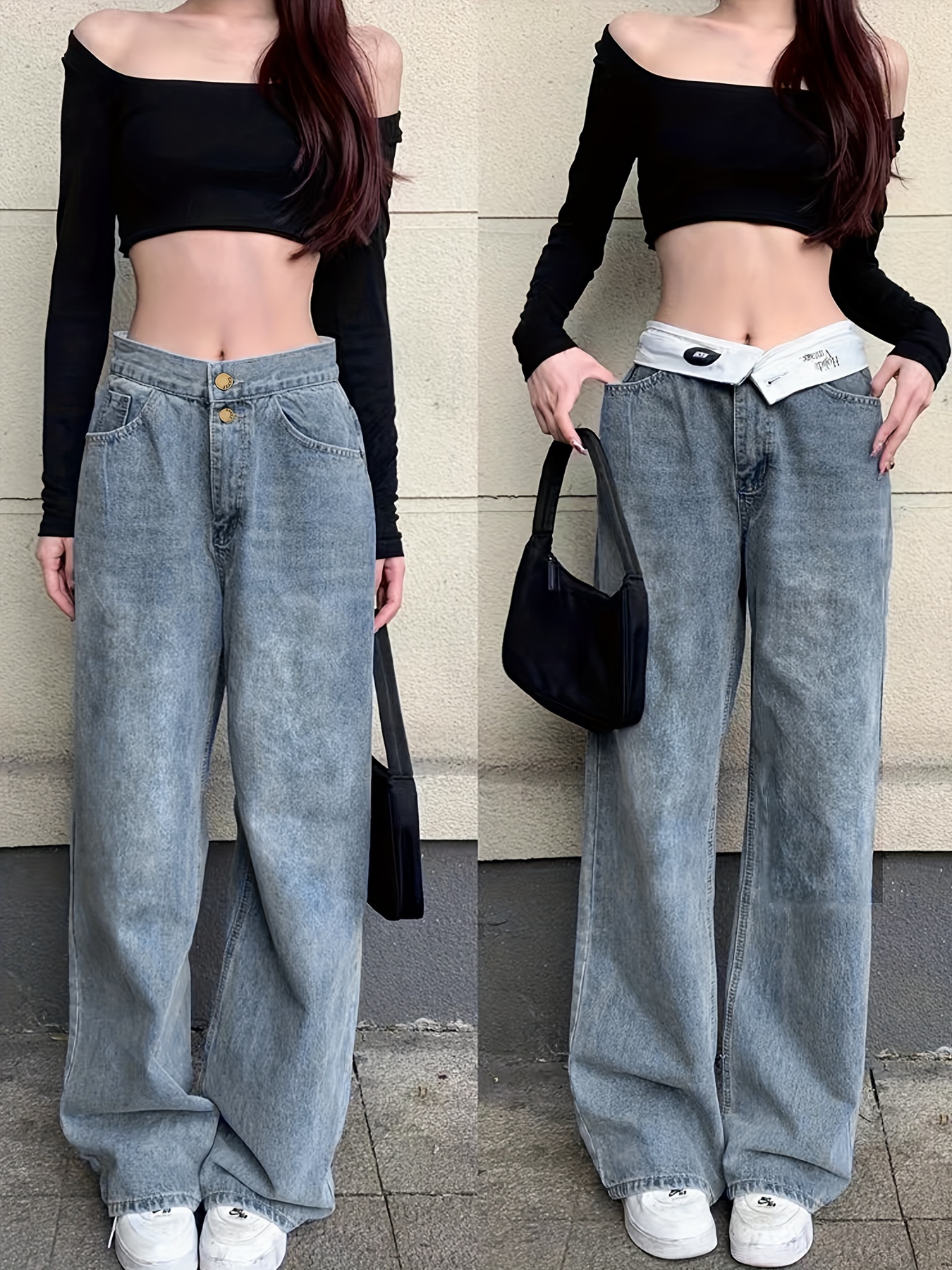 Light Blue Relaxed Fit Wide Leg Jeans - Elegant Flipped Waist, Vintage Low-Rise Design, Soft Denim Fabric, Comfortable Relaxed Fit, Perfect for Fall and Casual Occasions - Womens Stylish Denim Pants