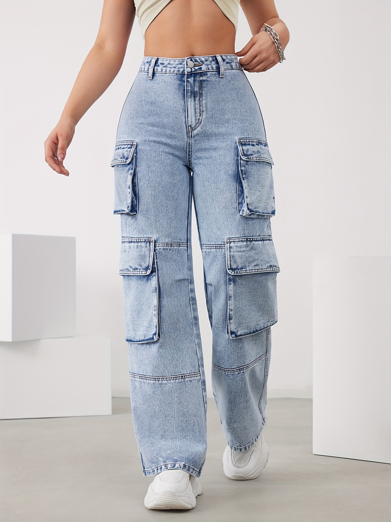 Sky Blue Multi-pocket Cargo Pants, High Waist Loose Wide Leg Denim Pants, Women's Denim Jeans & Clothing