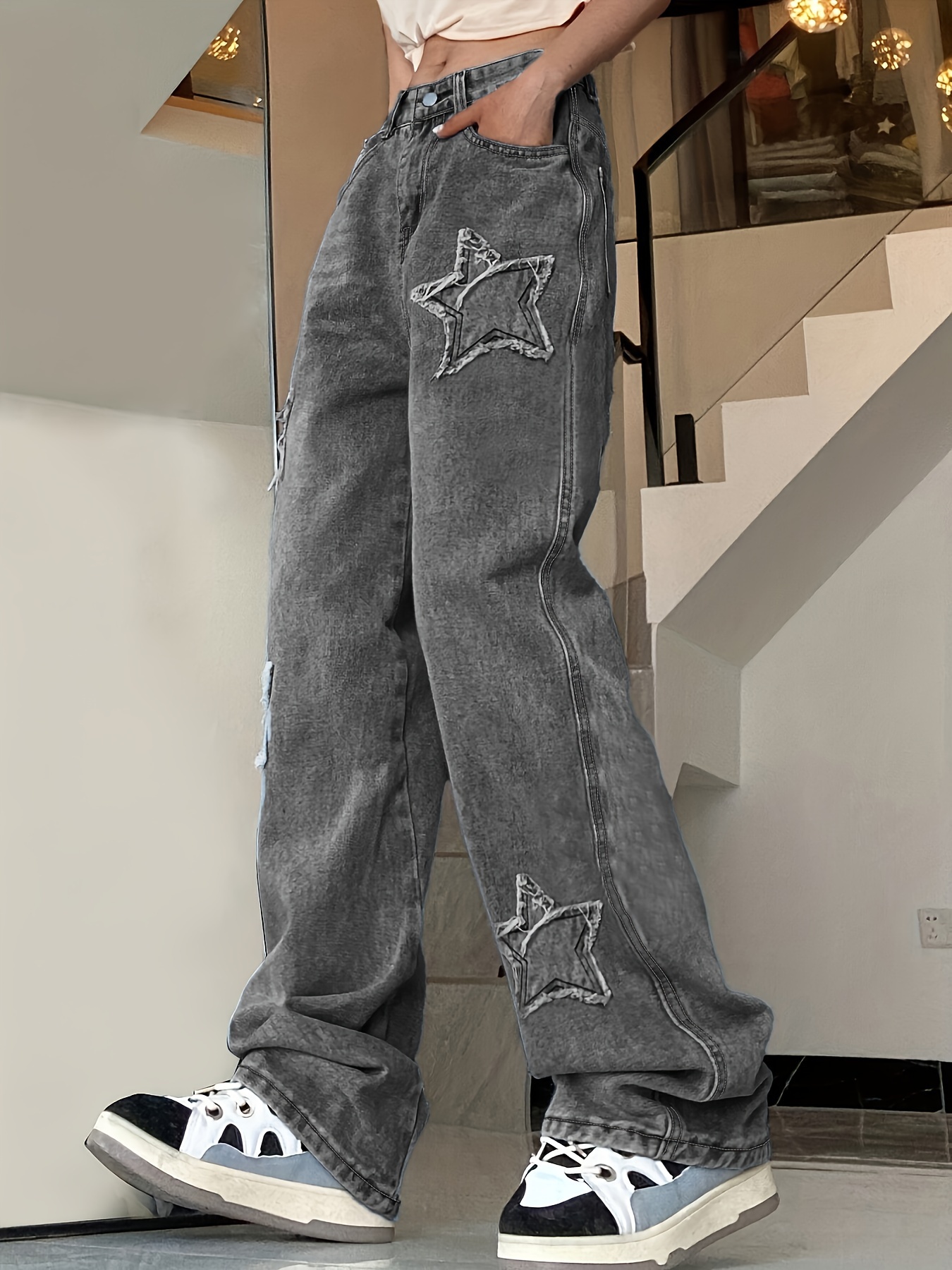 Women's Blue Star Patchwork Straight Jeans with Slant Pockets and Loose Fit - Non-Stretch Denim Pants for Comfortable and Stylish Look