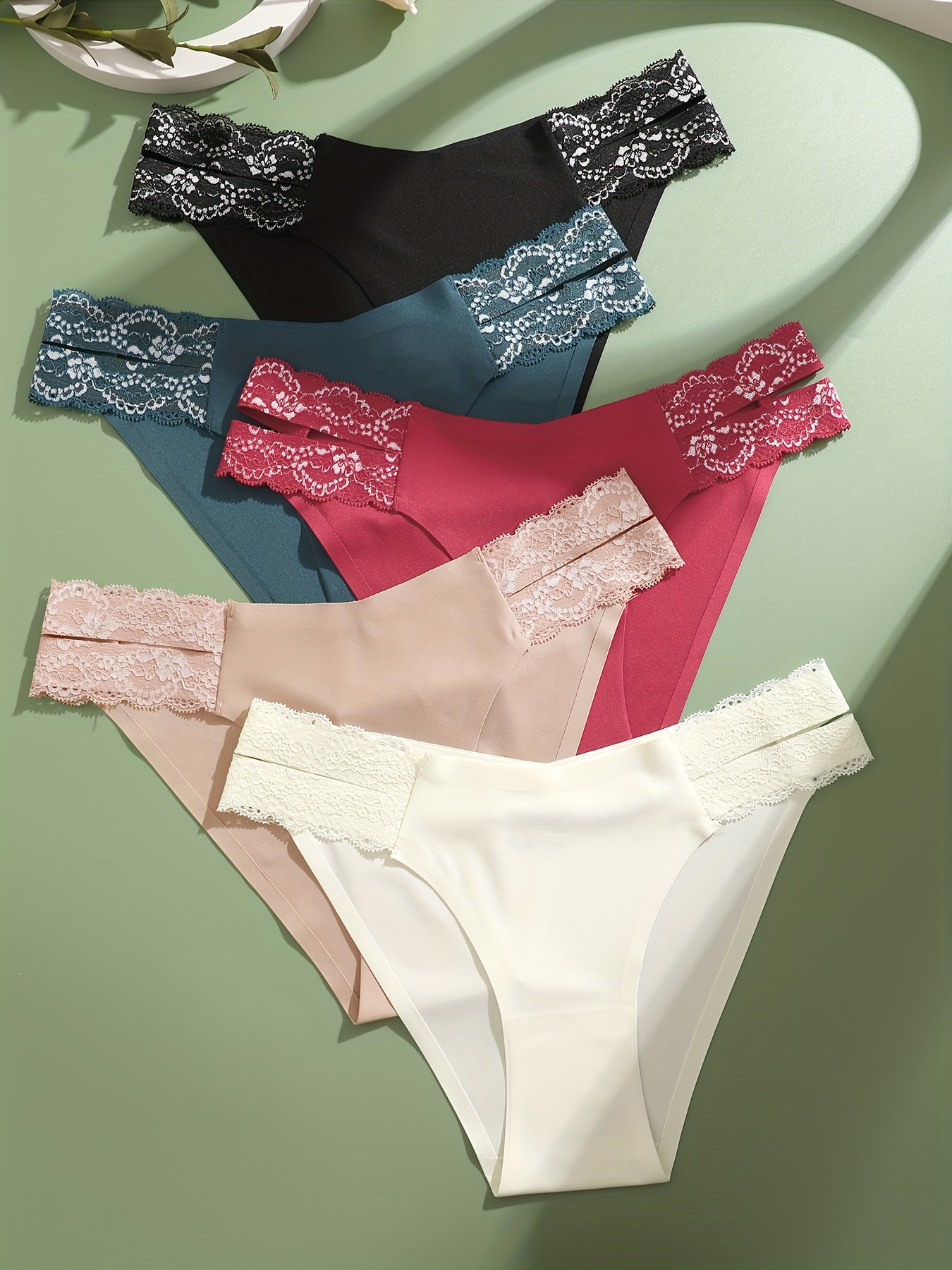 5pcs Eco-Chic Womens Lace Briefs - Seductive Hollow Out Design, Seamless Stretch, Breathable Recycled Fabric for Intimate Comfort